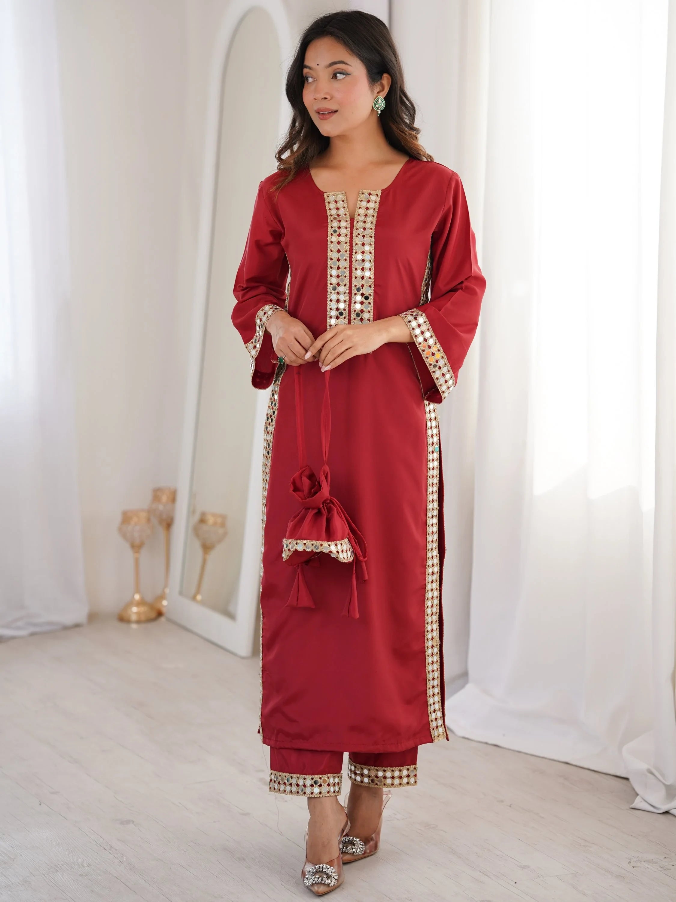 Maroon Stylish Mirror Laced Crepe Wedding Wear Kurti With Pant