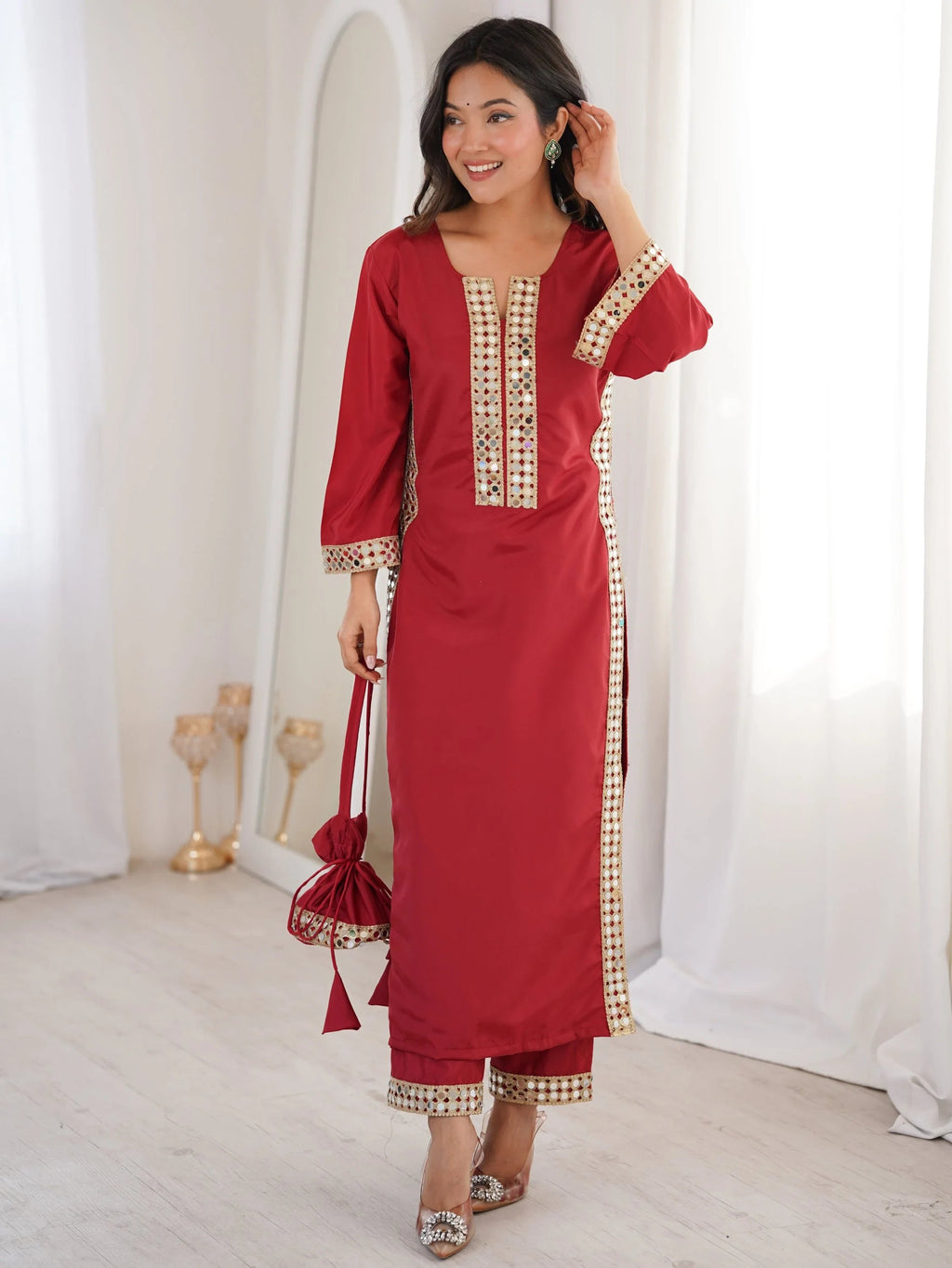 Maroon Stylish Mirror Laced Crepe Wedding Wear Kurti With Pant