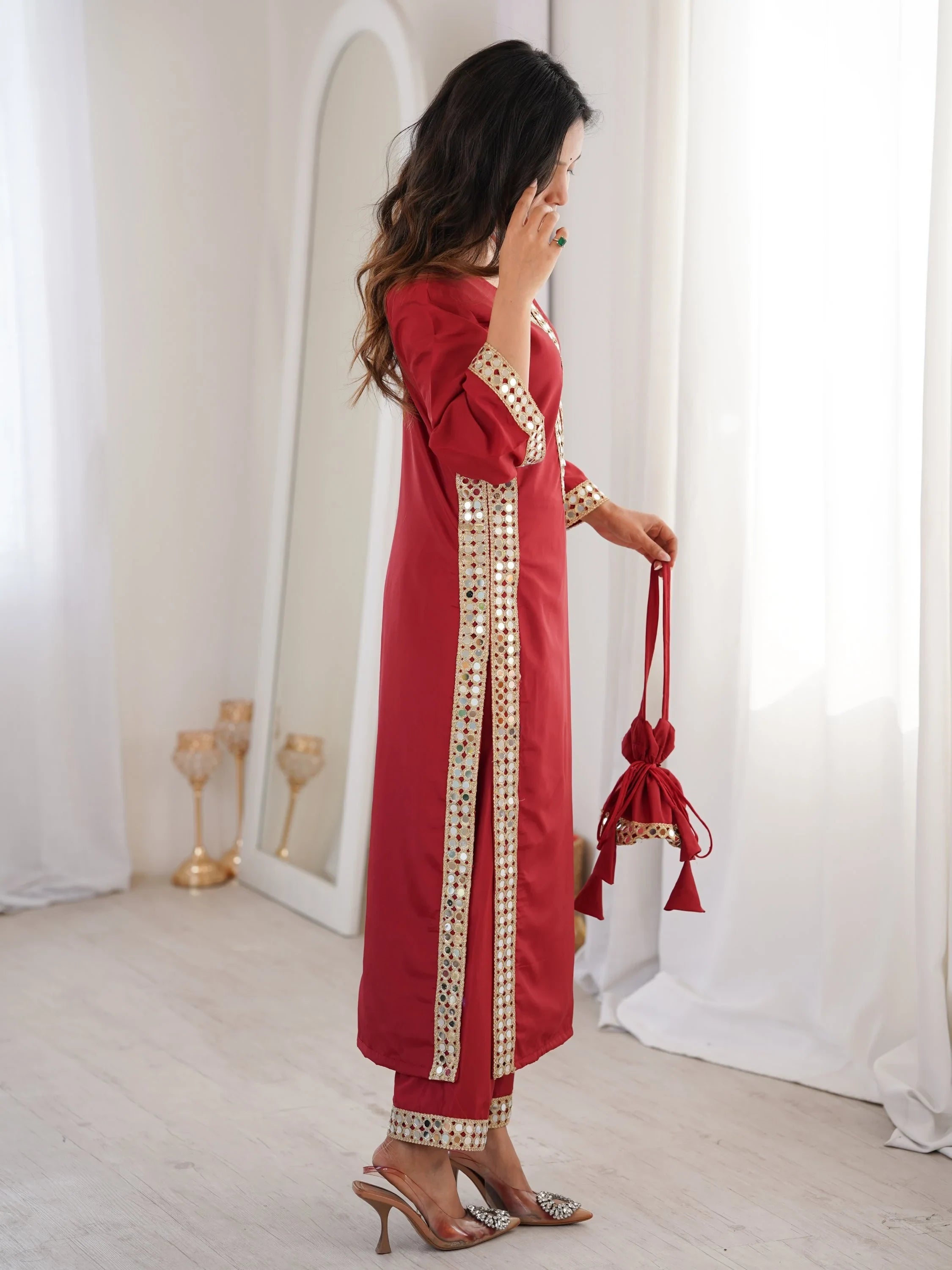 Maroon Stylish Mirror Laced Crepe Wedding Wear Kurti With Pant