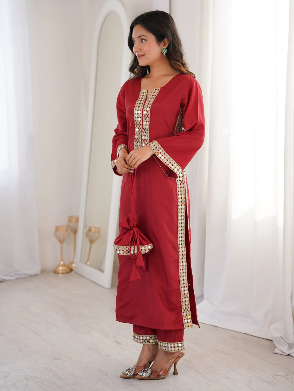 Maroon Stylish Mirror Laced Crepe Wedding Wear Kurti With Pant