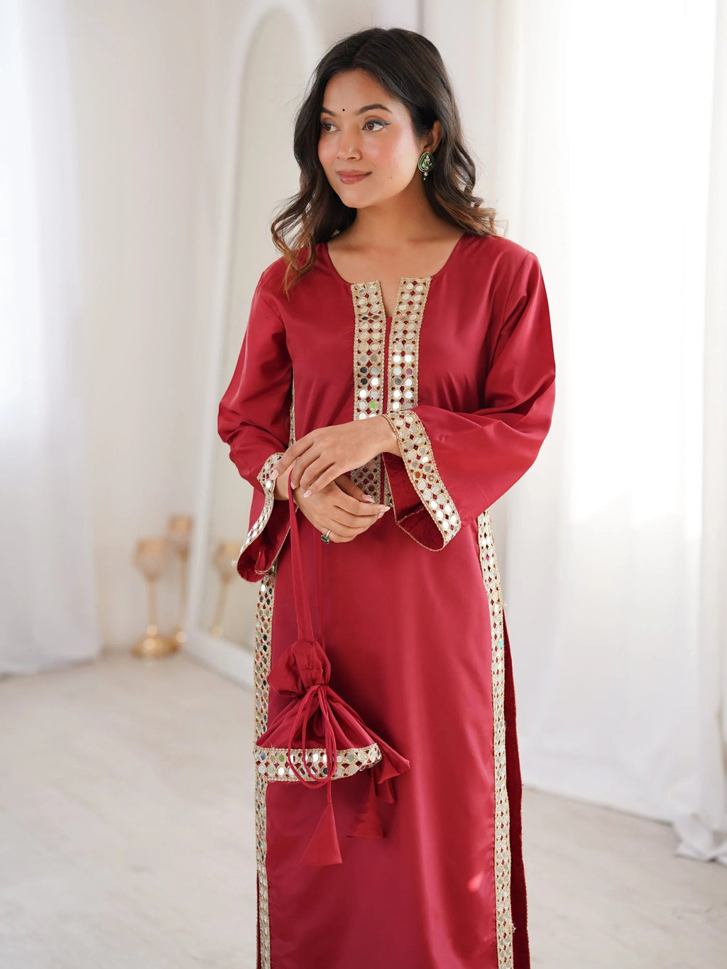 Maroon Stylish Mirror Laced Crepe Wedding Wear Kurti With Pant