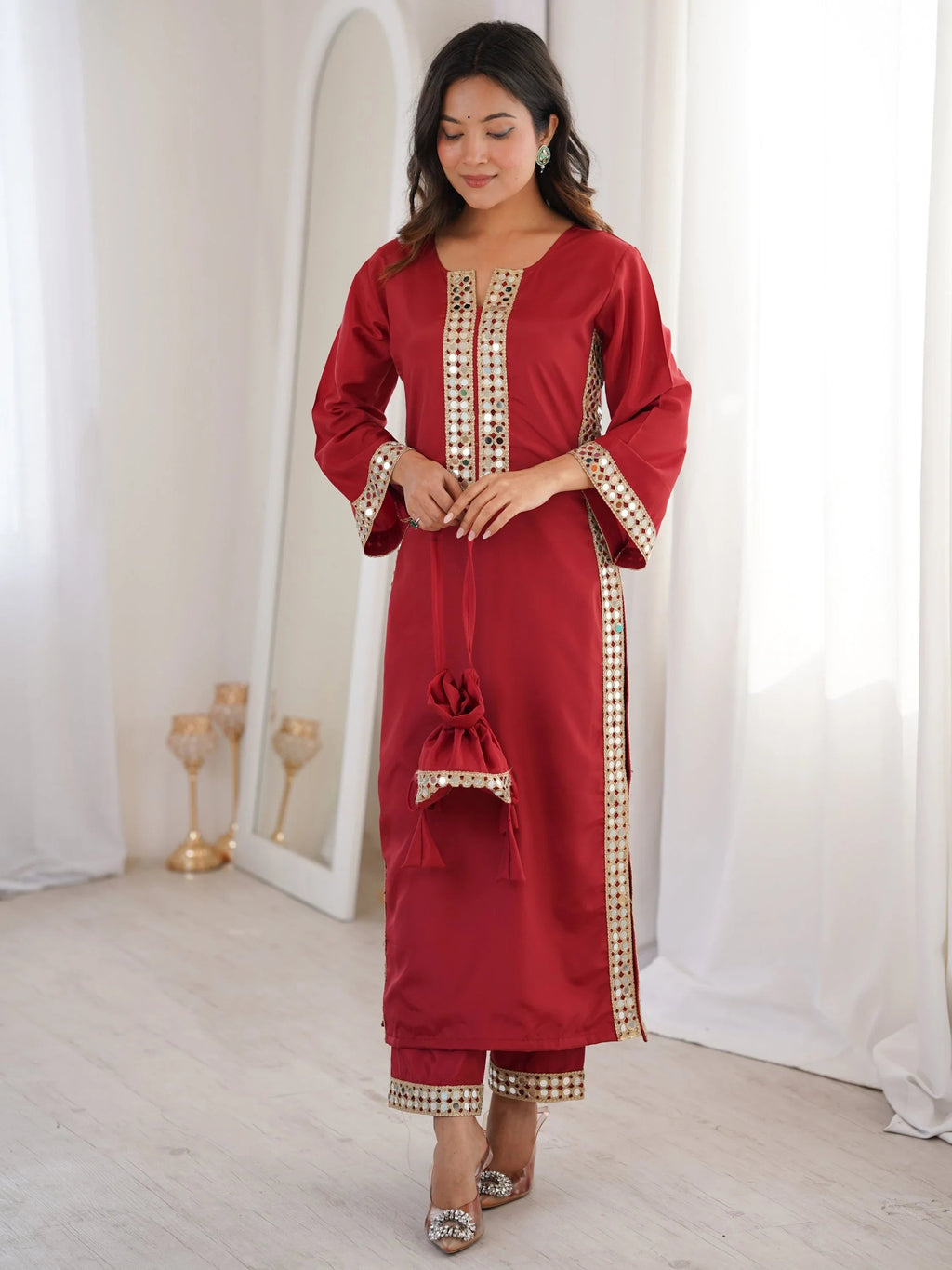 Maroon Stylish Mirror Laced Crepe Wedding Wear Kurti With Pant