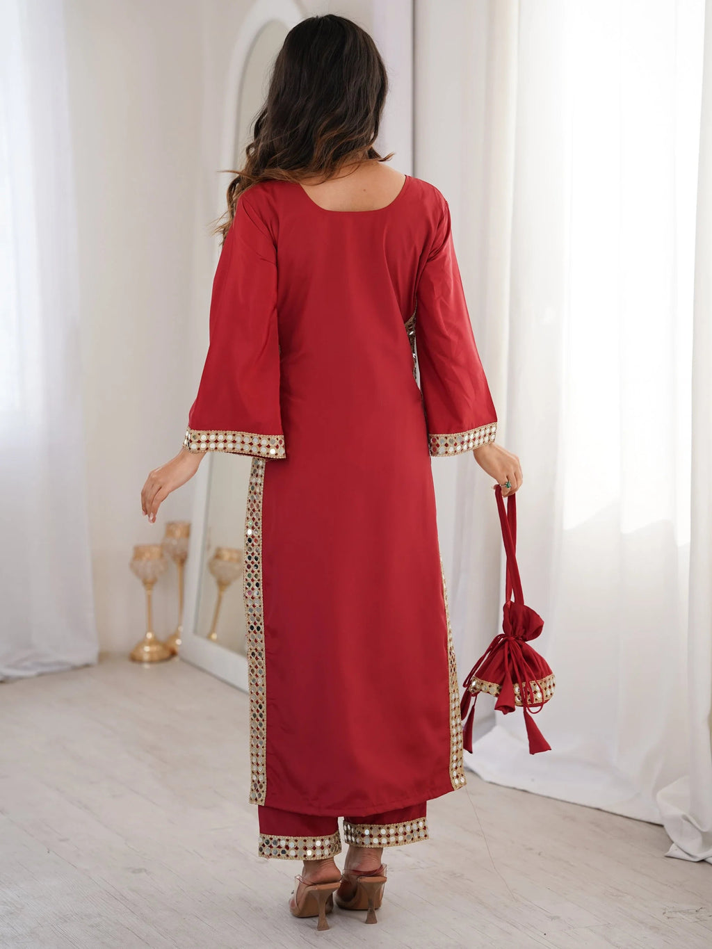 Maroon Stylish Mirror Laced Crepe Wedding Wear Kurti With Pant