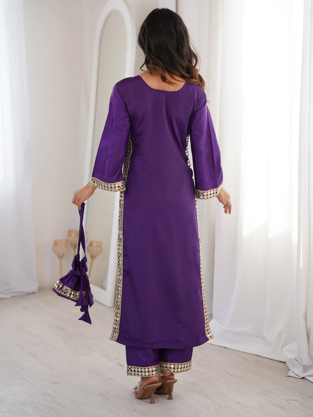 Purple Stylish Mirror Laced Crepe Wedding Wear Kurti With Pant