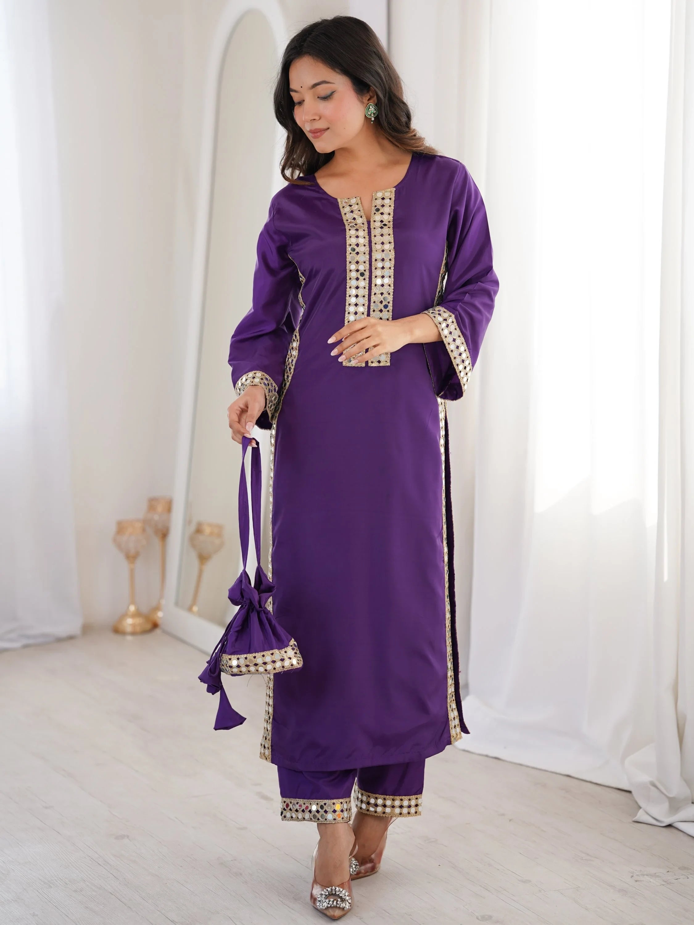 Purple Stylish Mirror Laced Crepe Wedding Wear Kurti With Pant