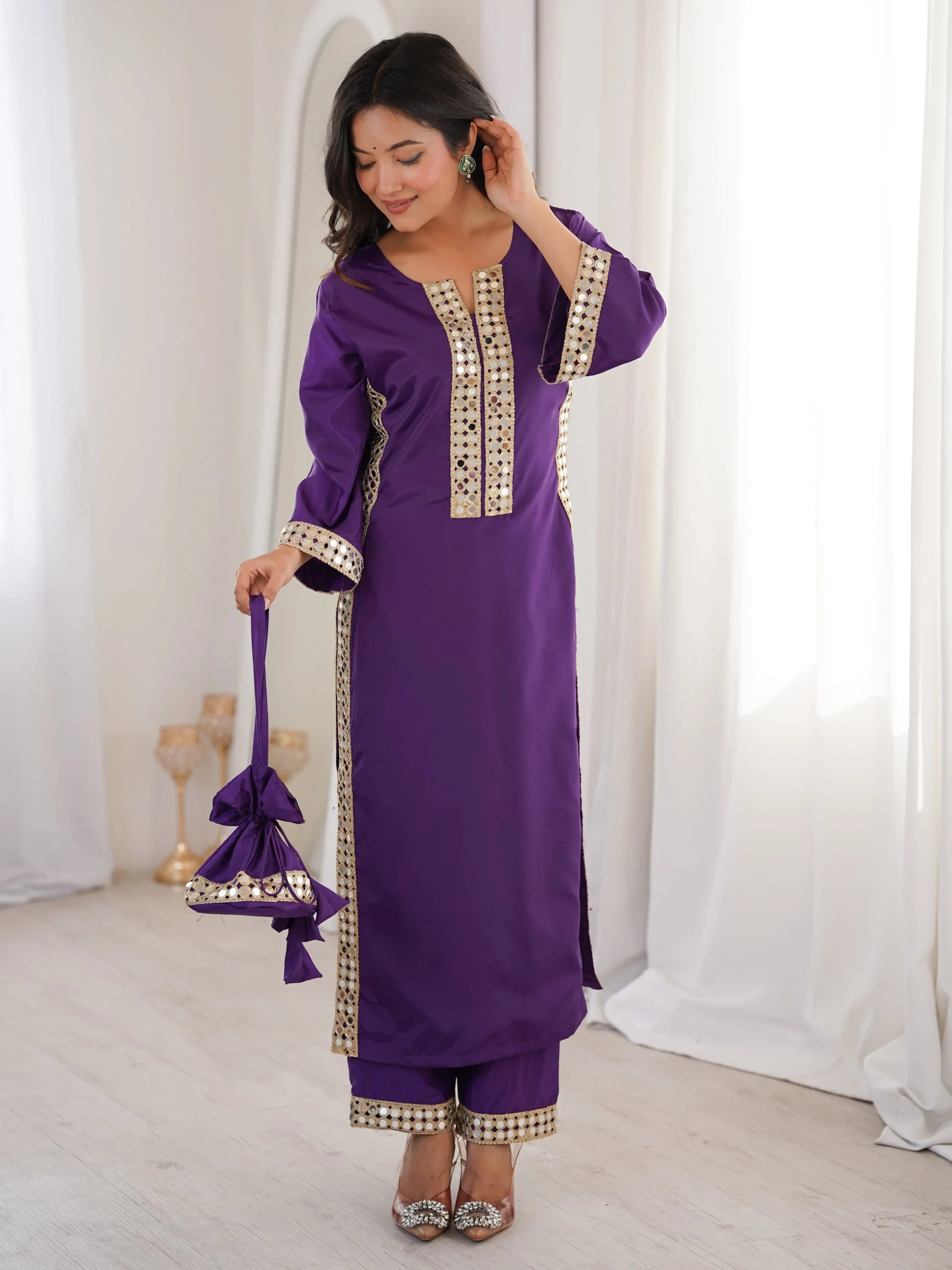 Purple Stylish Mirror Laced Crepe Wedding Wear Kurti With Pant