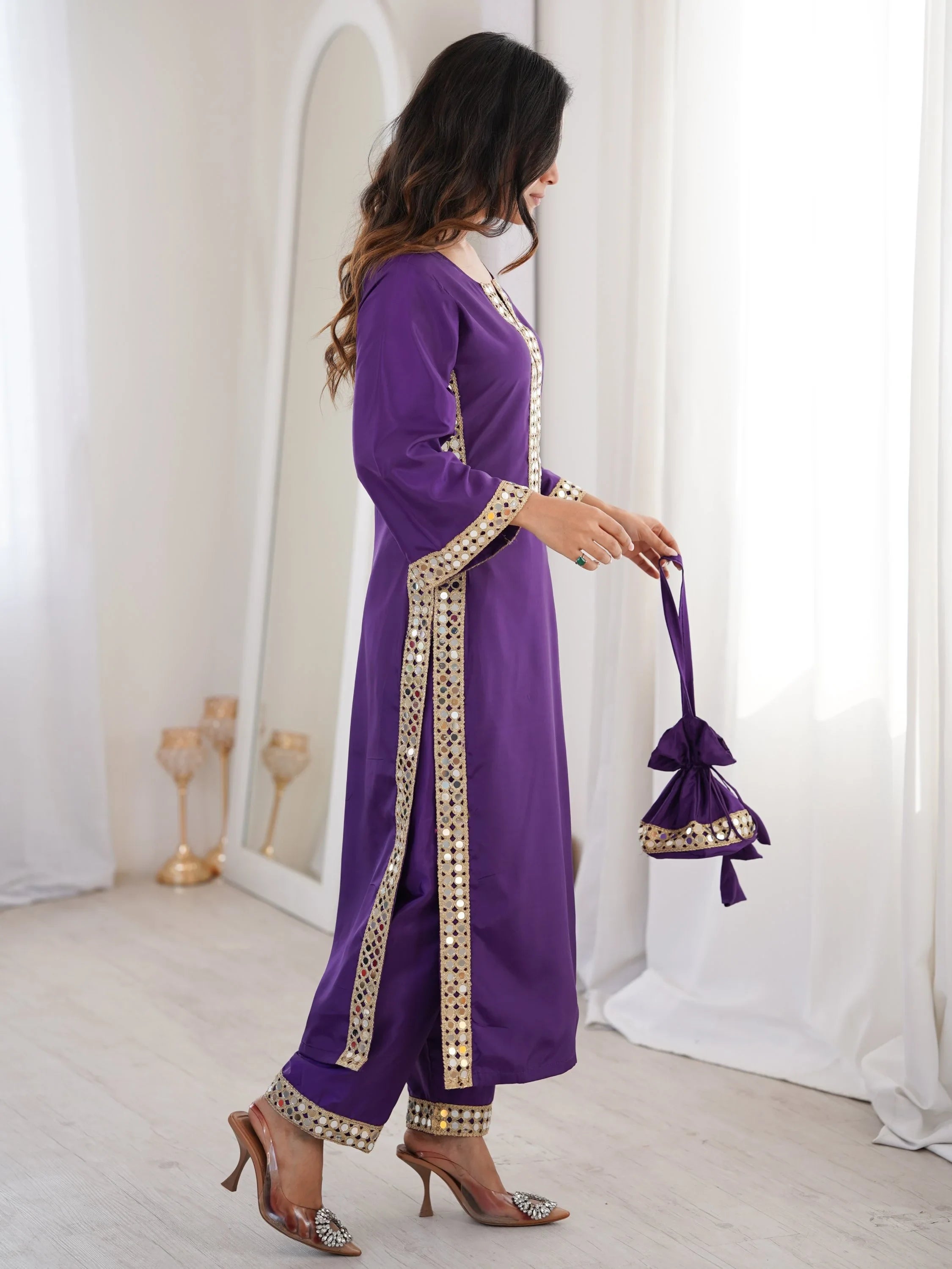 Purple Stylish Mirror Laced Crepe Wedding Wear Kurti With Pant