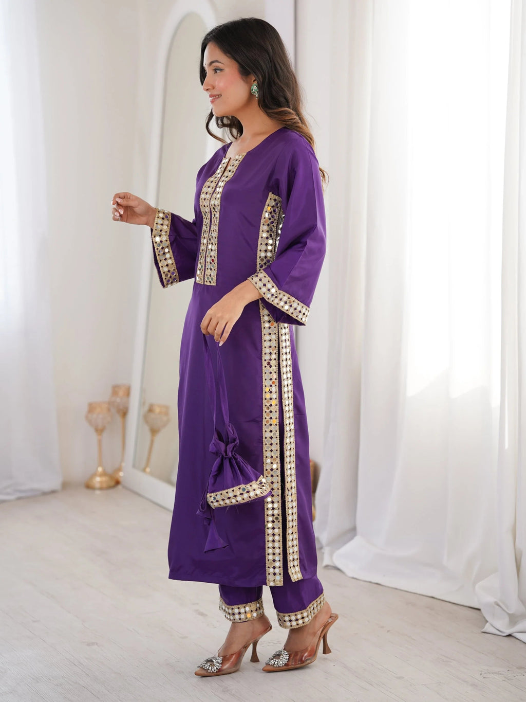 Purple Stylish Mirror Laced Crepe Wedding Wear Kurti With Pant