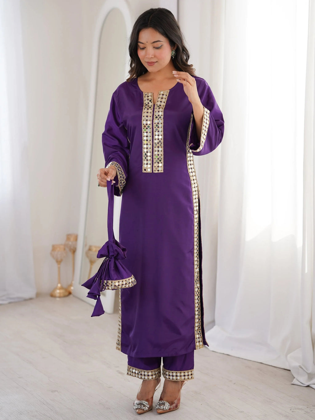 Purple Stylish Mirror Laced Crepe Wedding Wear Kurti With Pant