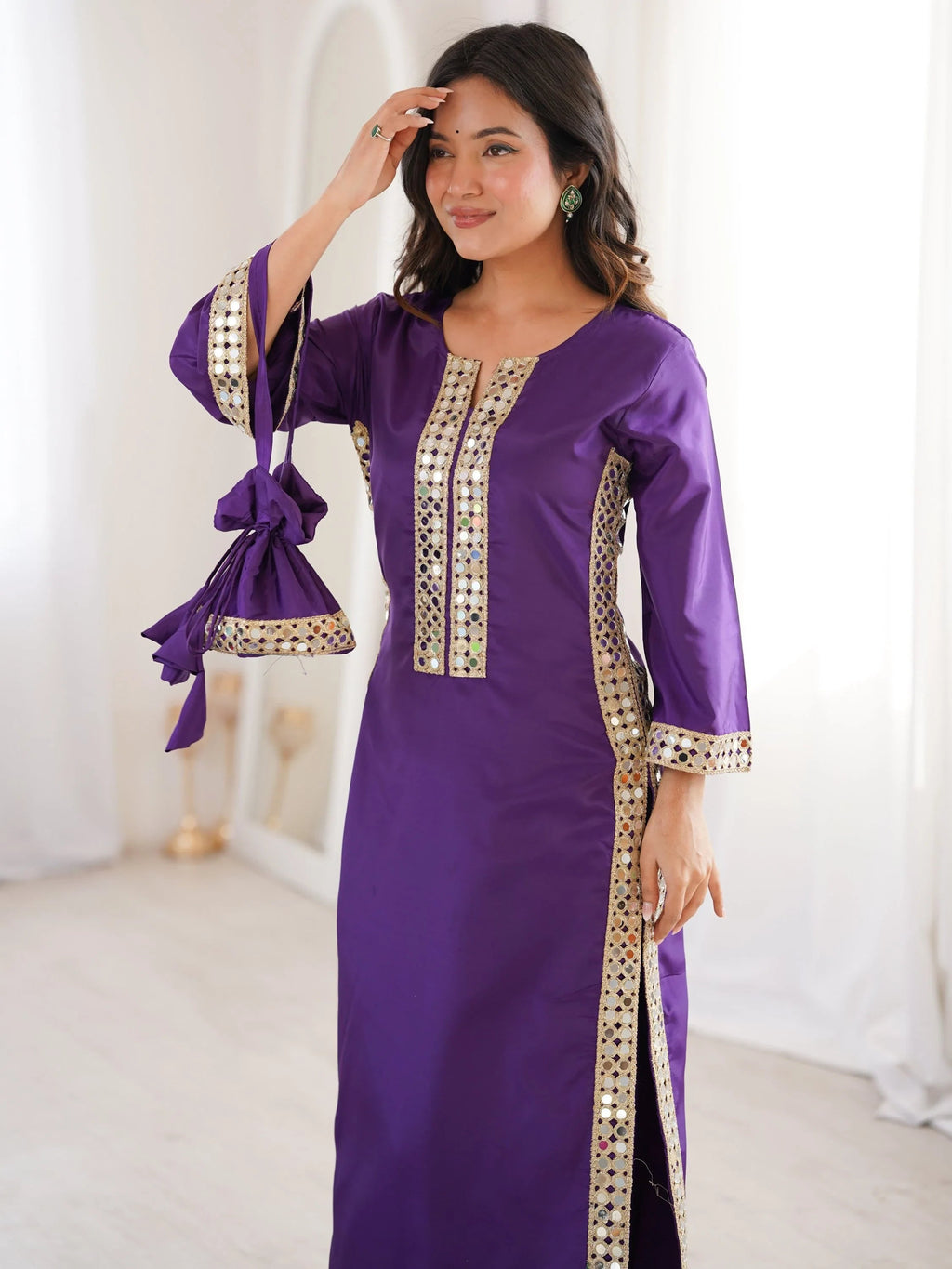 Purple Stylish Mirror Laced Crepe Wedding Wear Kurti With Pant