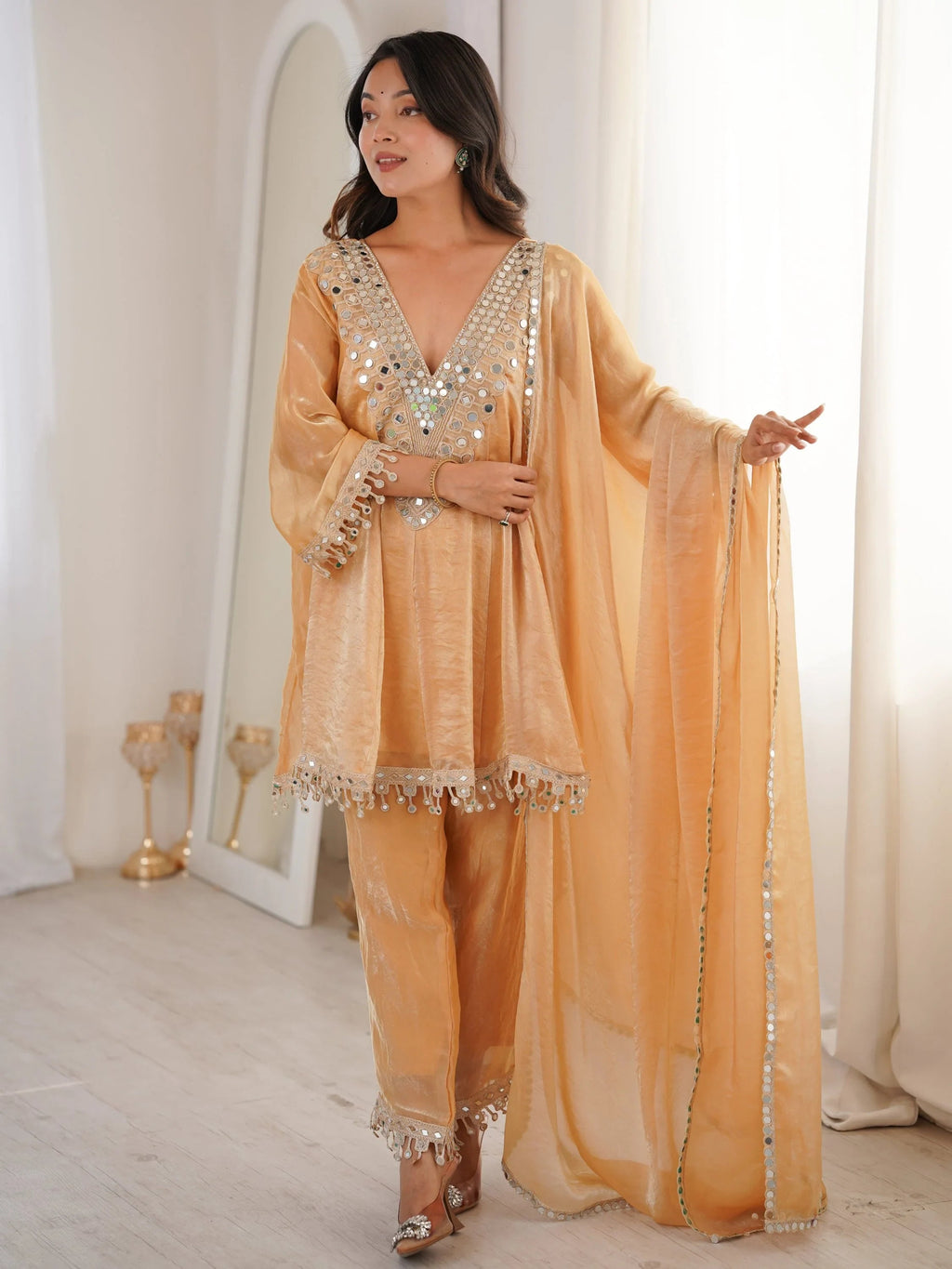 Beige Marvelous Lace Work Silk Wedding Wear Pant Suit With Dupatta