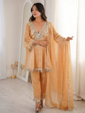 Beige Marvelous Lace Work Silk Wedding Wear Pant Suit With Dupatta