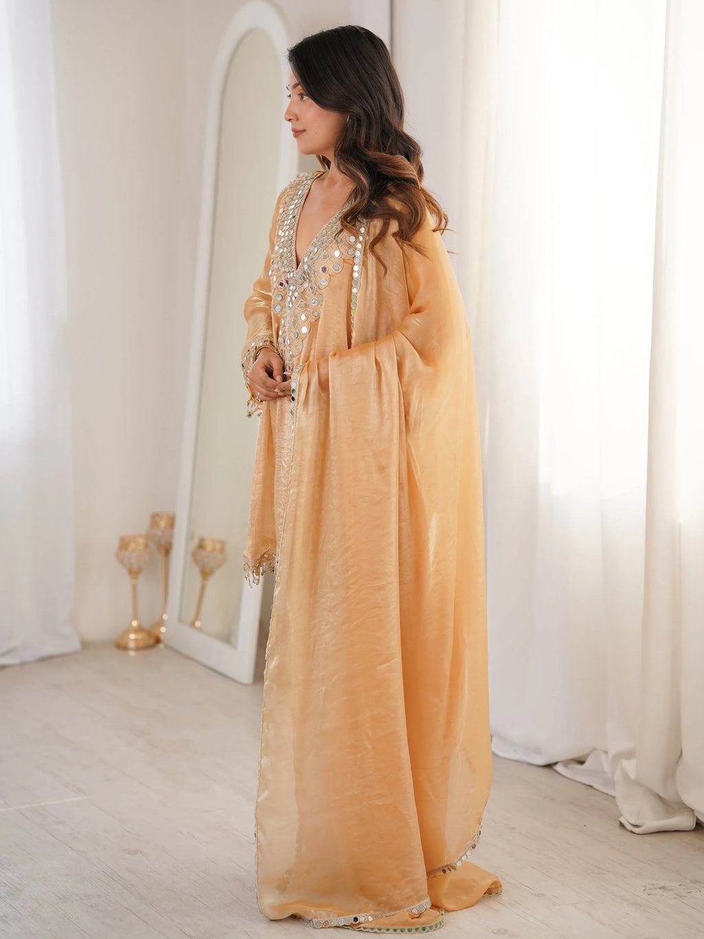 Beige Marvelous Lace Work Silk Wedding Wear Pant Suit With Dupatta