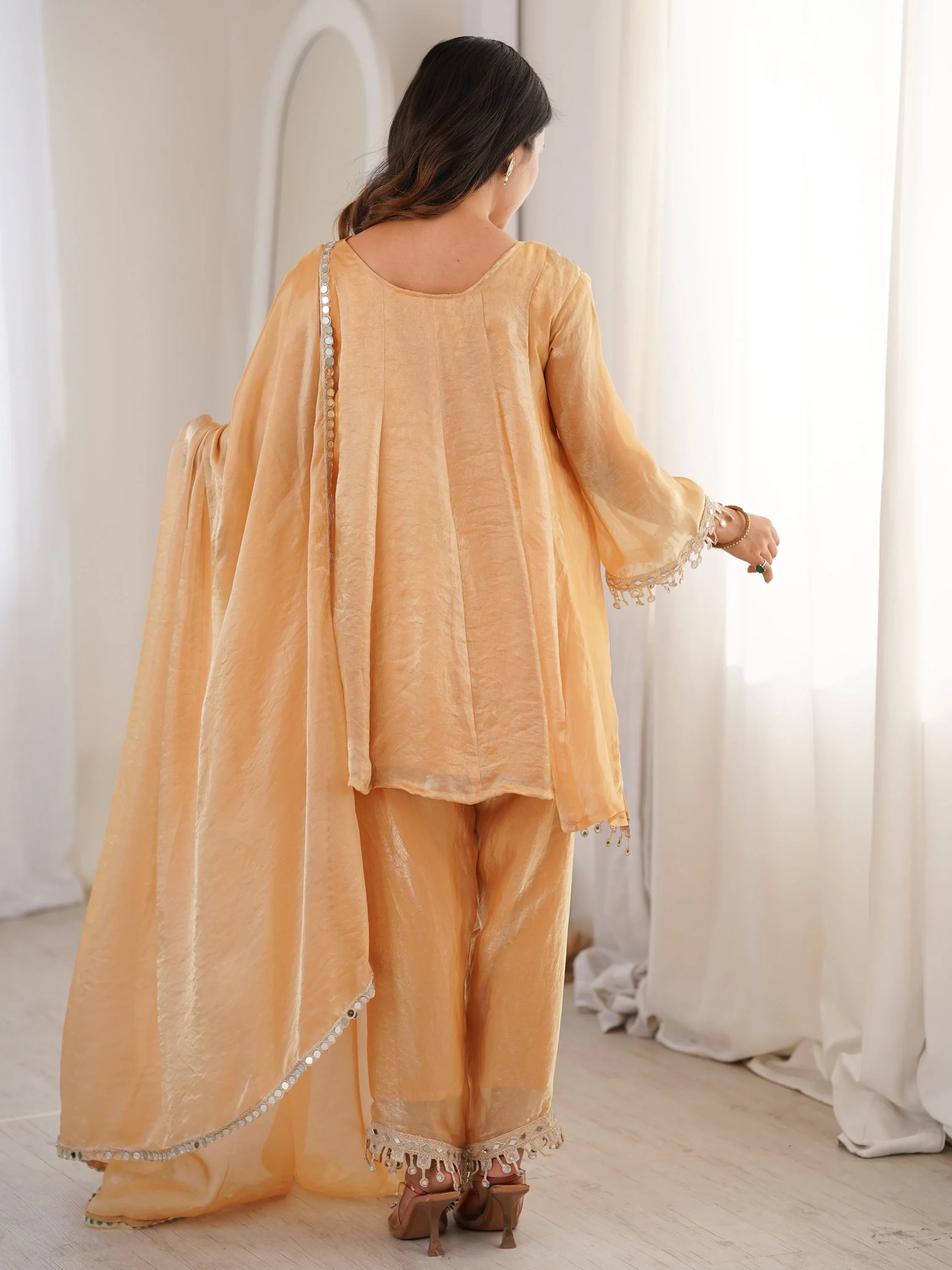 Beige Marvelous Lace Work Silk Wedding Wear Pant Suit With Dupatta