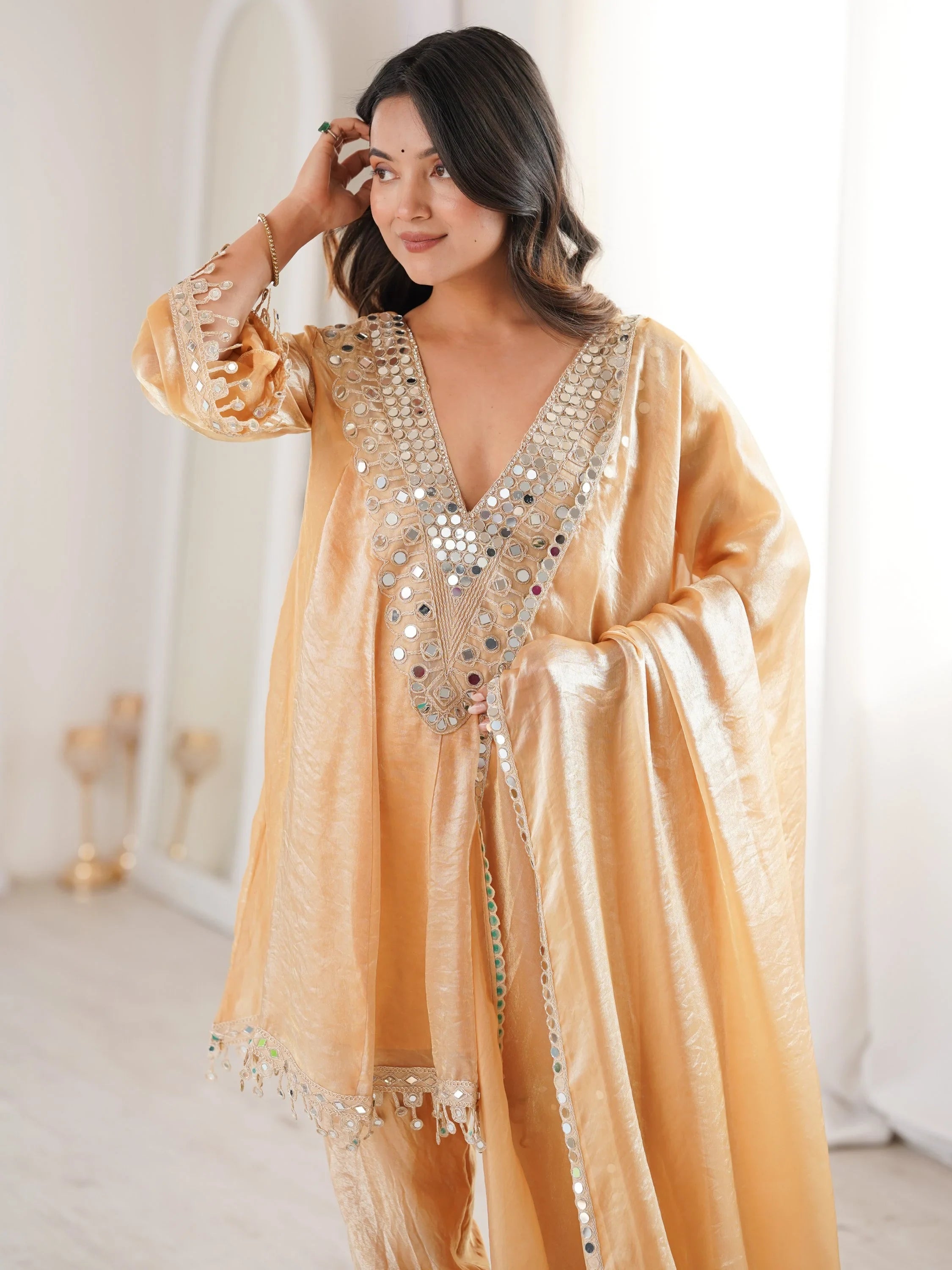 Beige Marvelous Lace Work Silk Wedding Wear Pant Suit With Dupatta