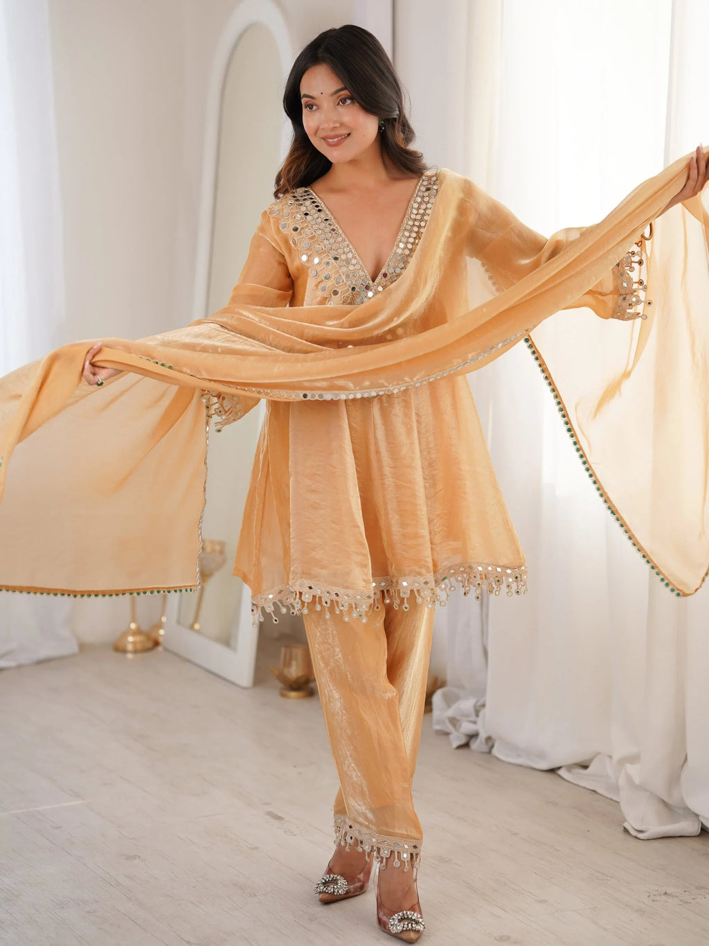 Beige Marvelous Lace Work Silk Wedding Wear Pant Suit With Dupatta