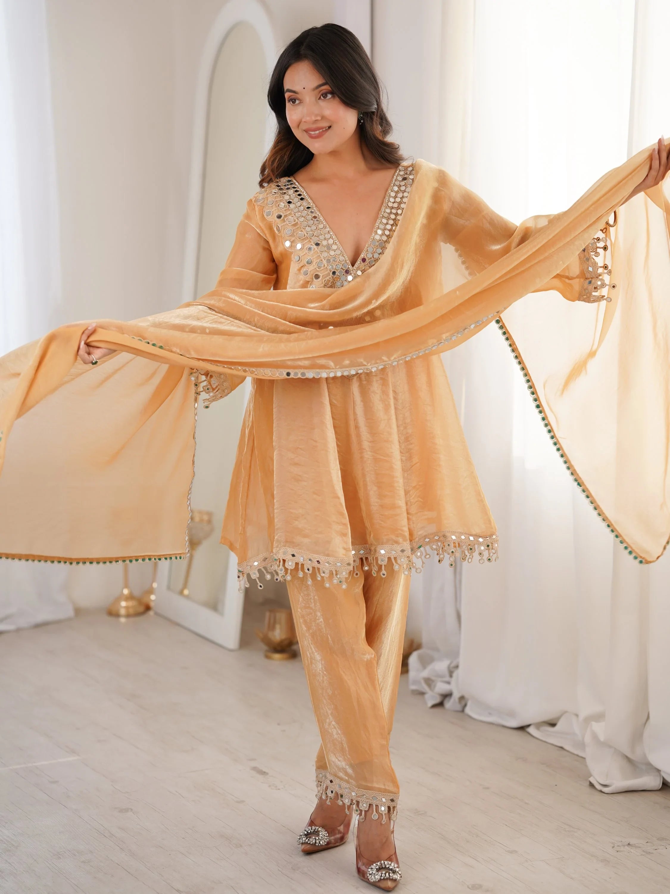 Beige Marvelous Lace Work Silk Wedding Wear Pant Suit With Dupatta