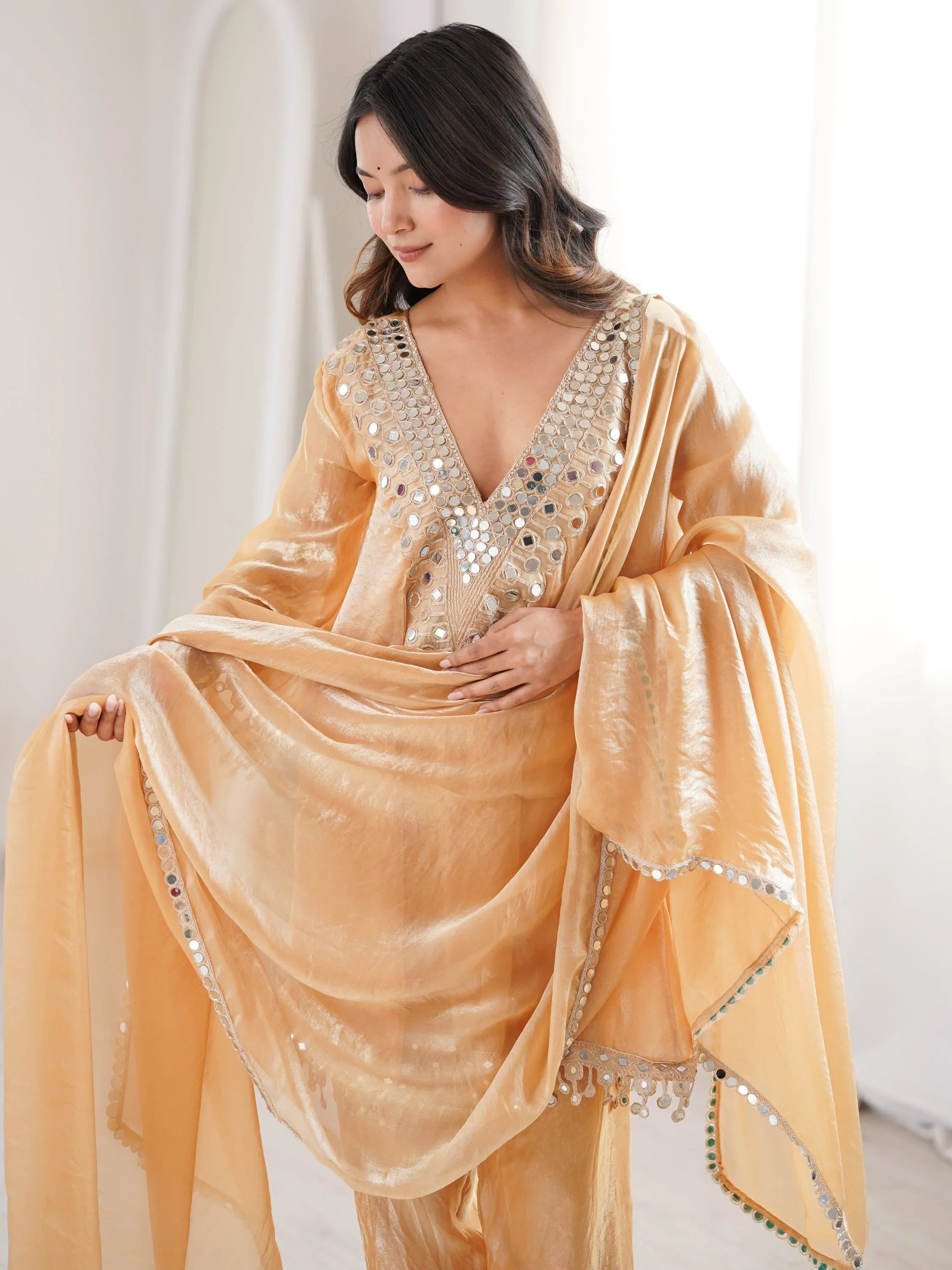 Beige Marvelous Lace Work Silk Wedding Wear Pant Suit With Dupatta