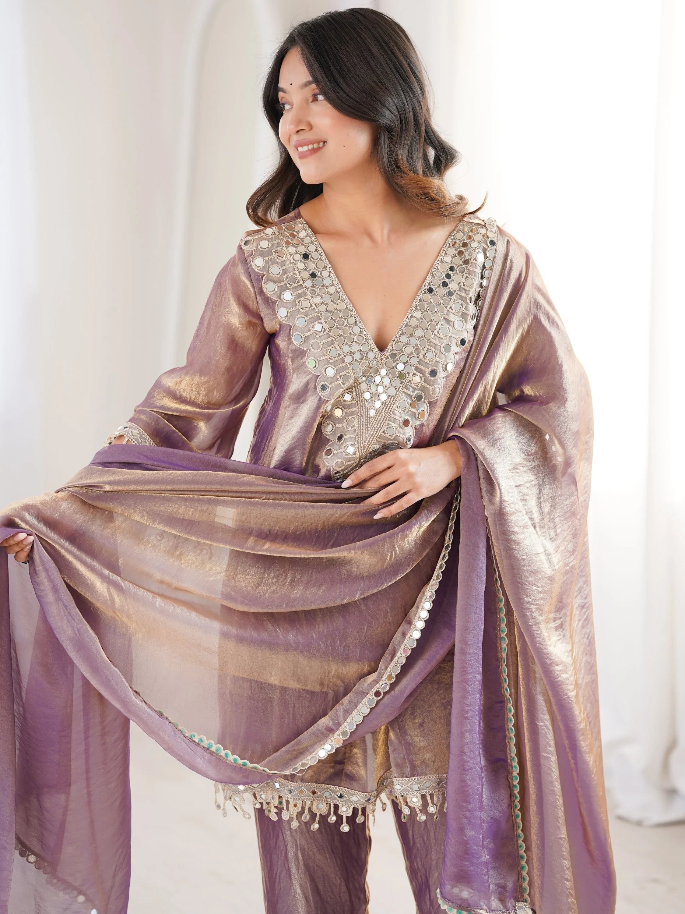 Purple Marvelous Lace Work Silk Wedding Wear Pant Suit With Dupatta