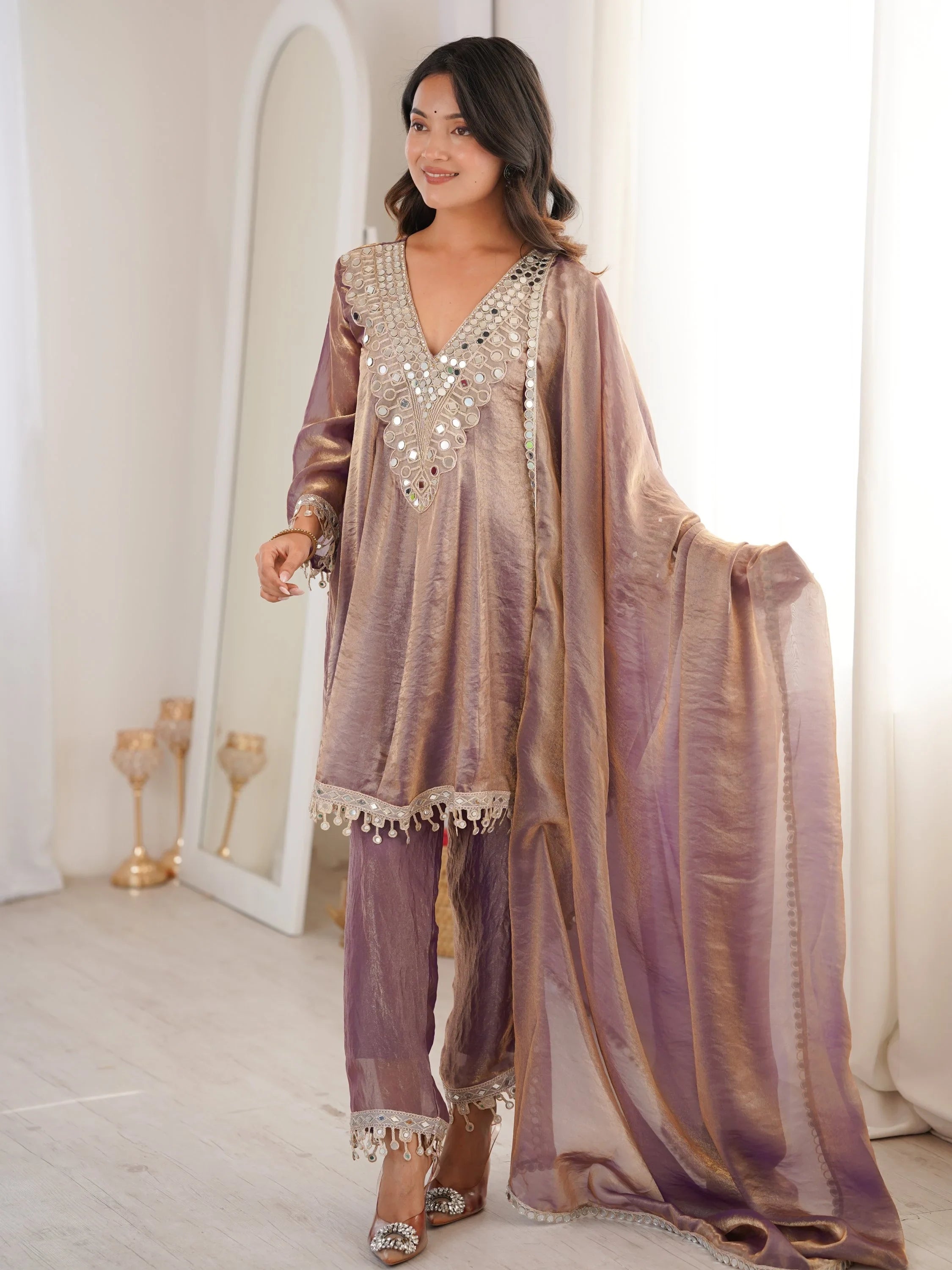 Purple Marvelous Lace Work Silk Wedding Wear Pant Suit With Dupatta