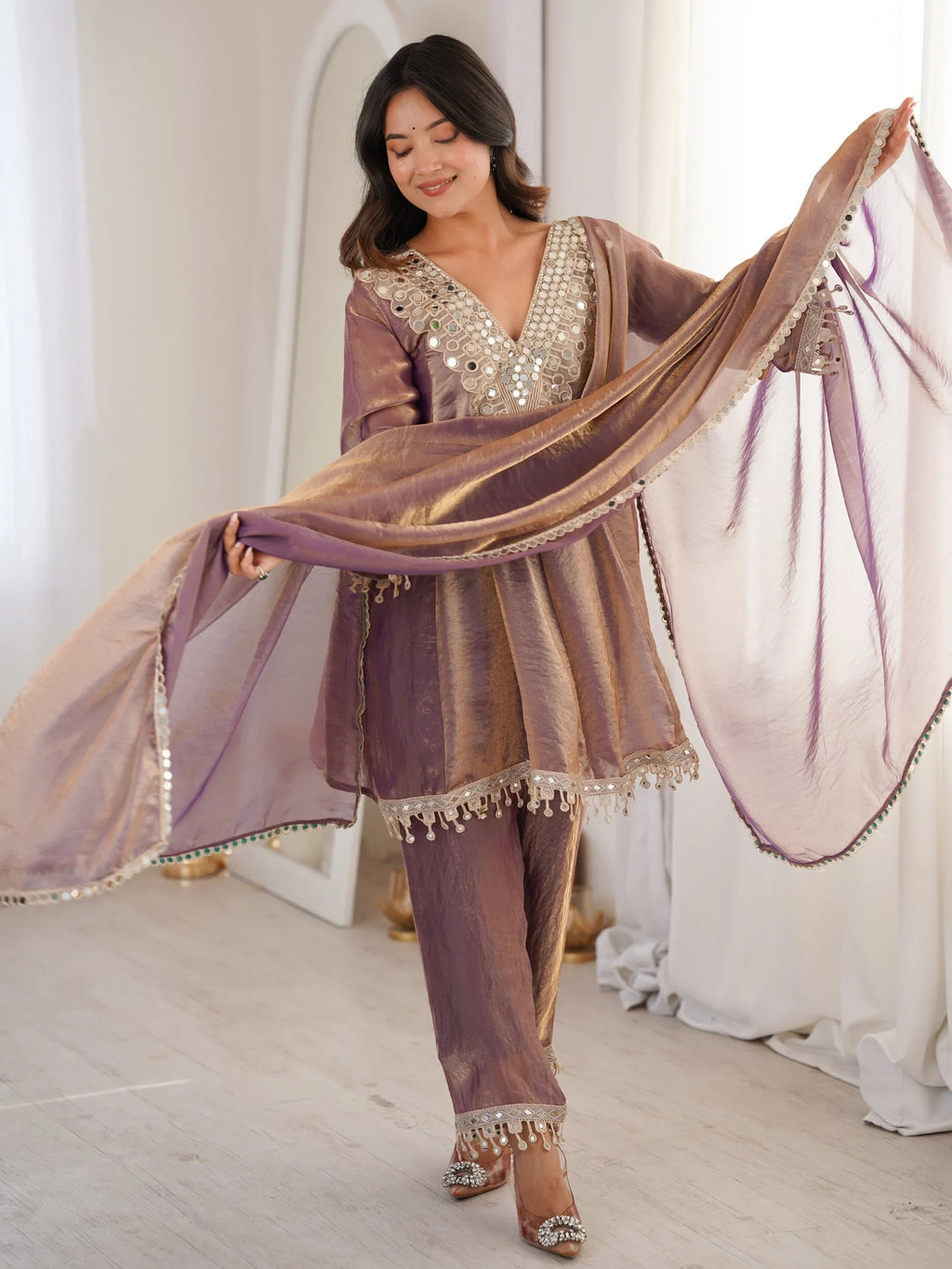 Purple Marvelous Lace Work Silk Wedding Wear Pant Suit With Dupatta
