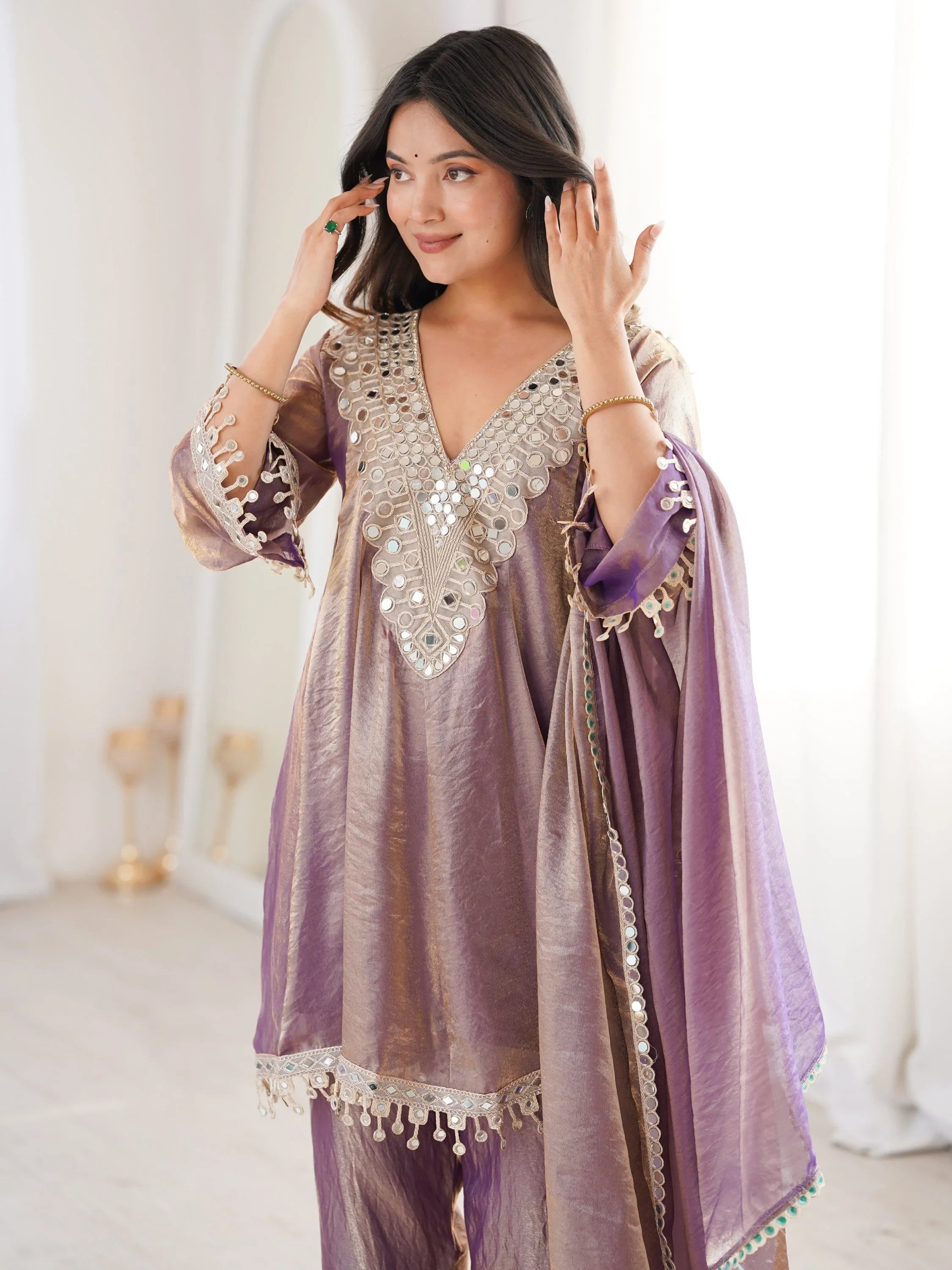 Purple Marvelous Lace Work Silk Wedding Wear Pant Suit With Dupatta