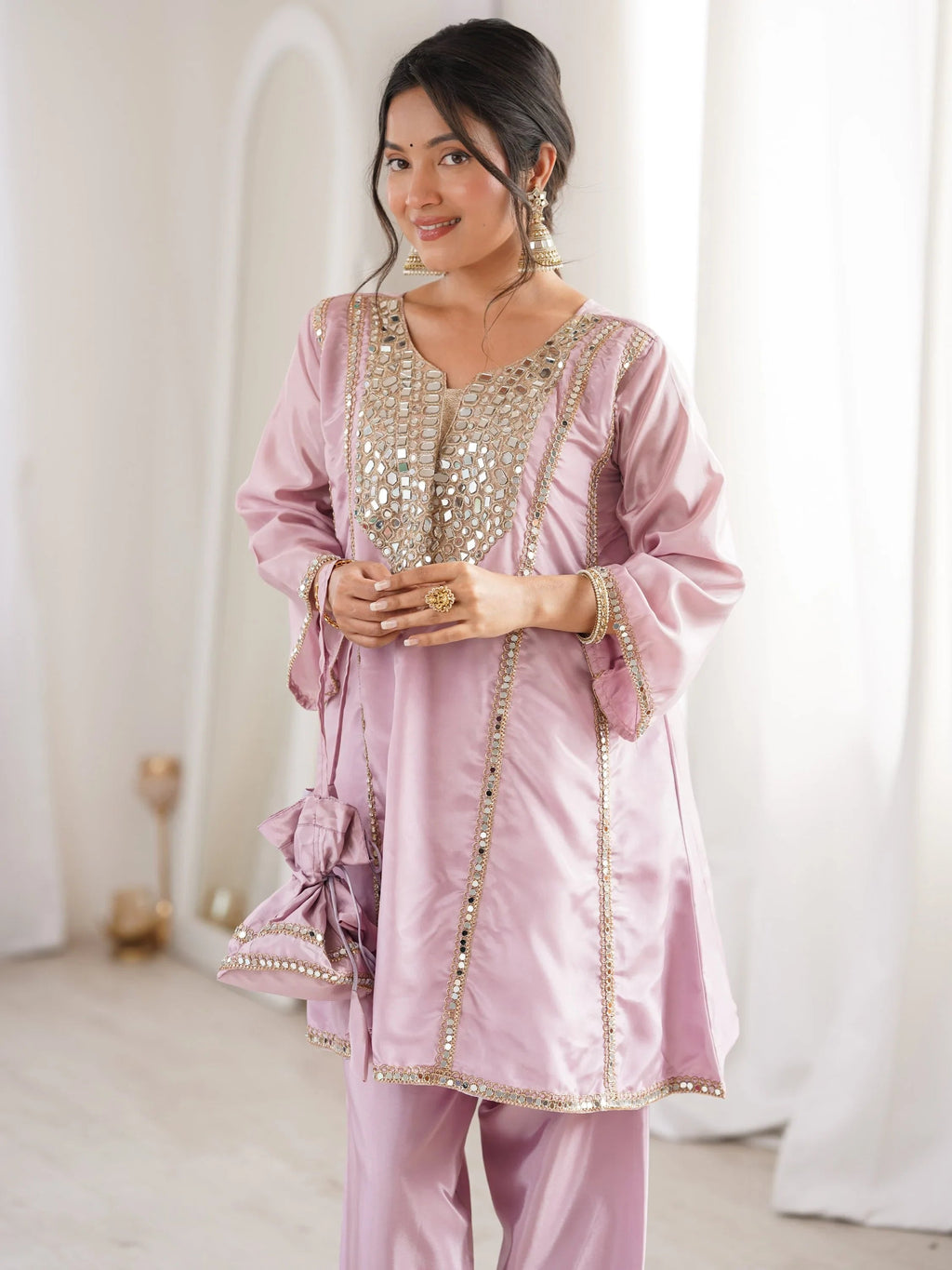 Pink Stylish Mirror Work Silk Festive Wear Pant Suit