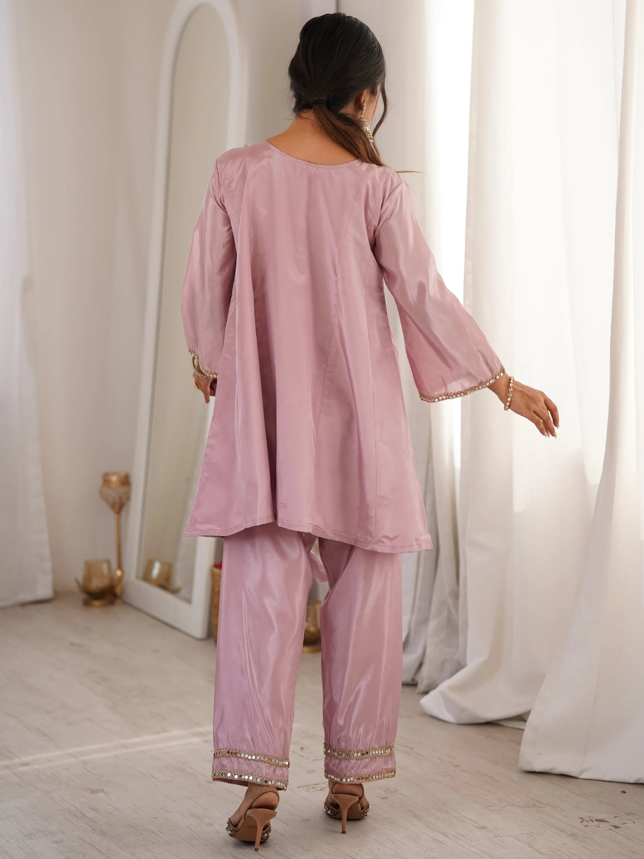 Pink Stylish Mirror Work Silk Festive Wear Pant Suit