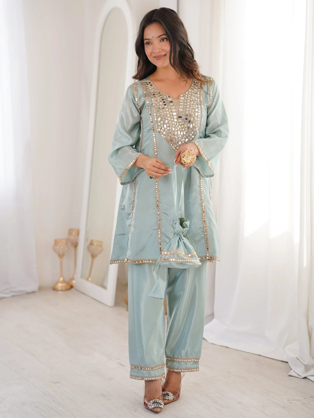 Sky Blue Stylish Mirror Work Silk Festive Wear Pant Suit