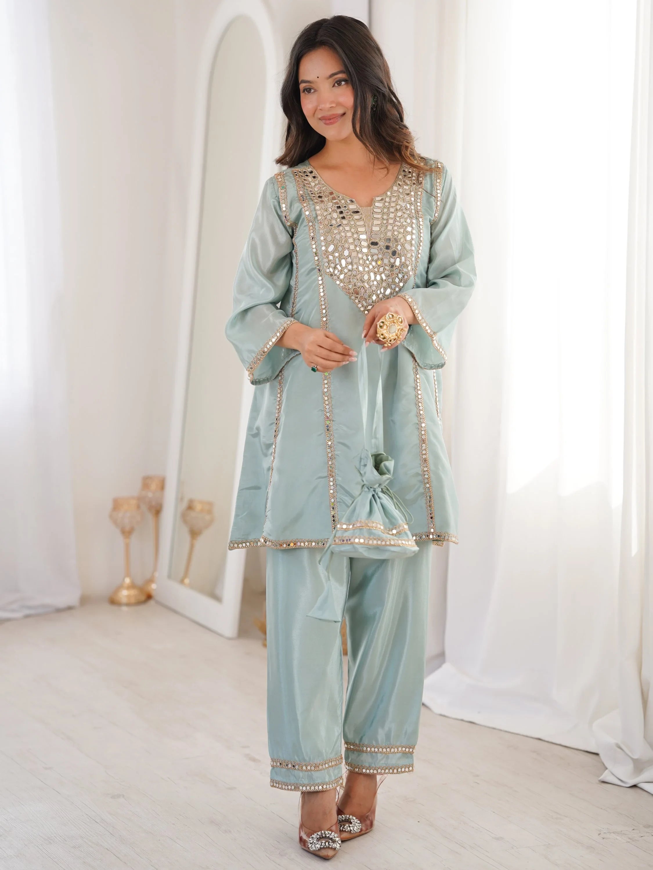 Sky Blue Stylish Mirror Work Silk Festive Wear Pant Suit