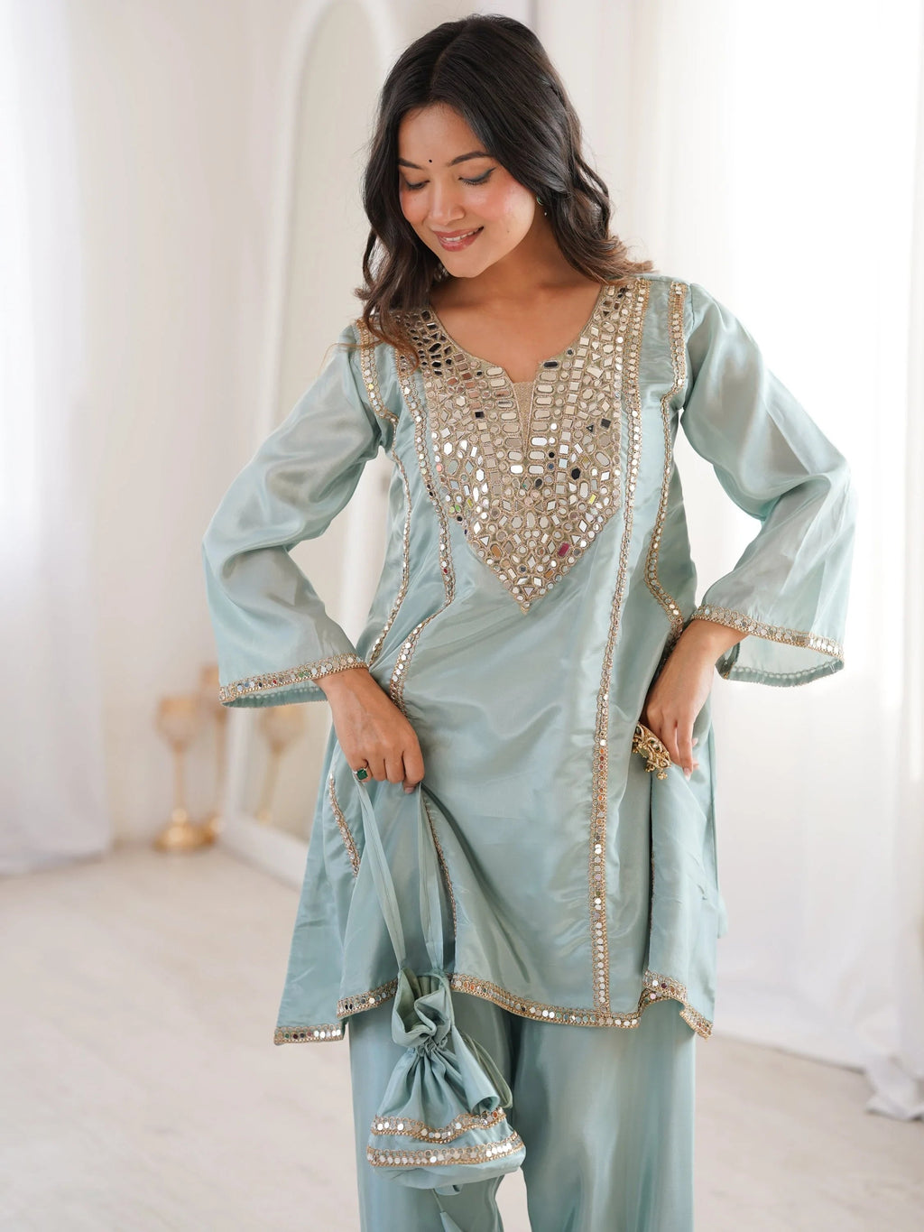 Sky Blue Stylish Mirror Work Silk Festive Wear Pant Suit