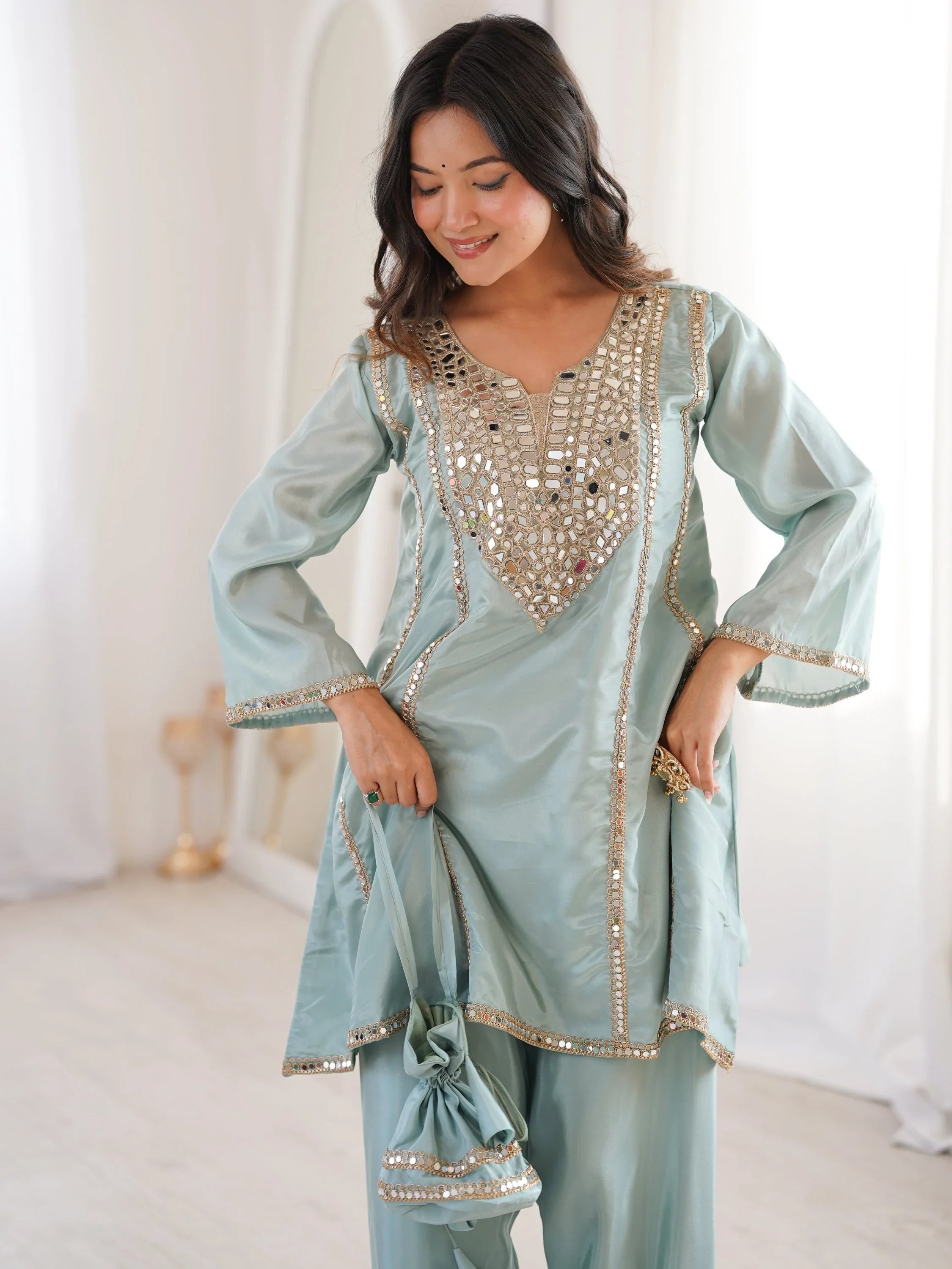 Sky Blue Stylish Mirror Work Silk Festive Wear Pant Suit