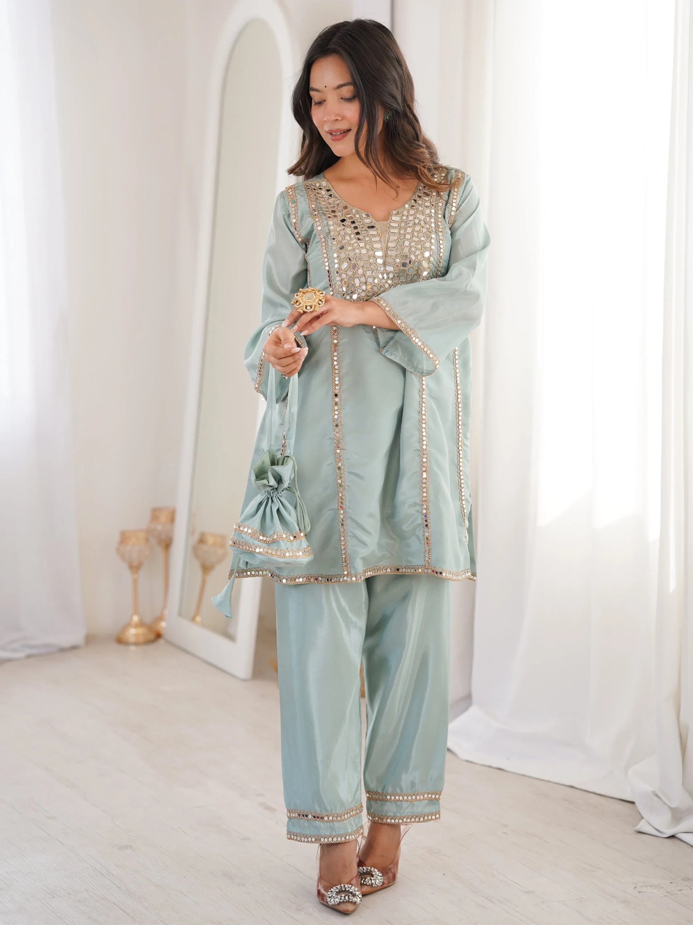 Sky Blue Stylish Mirror Work Silk Festive Wear Pant Suit
