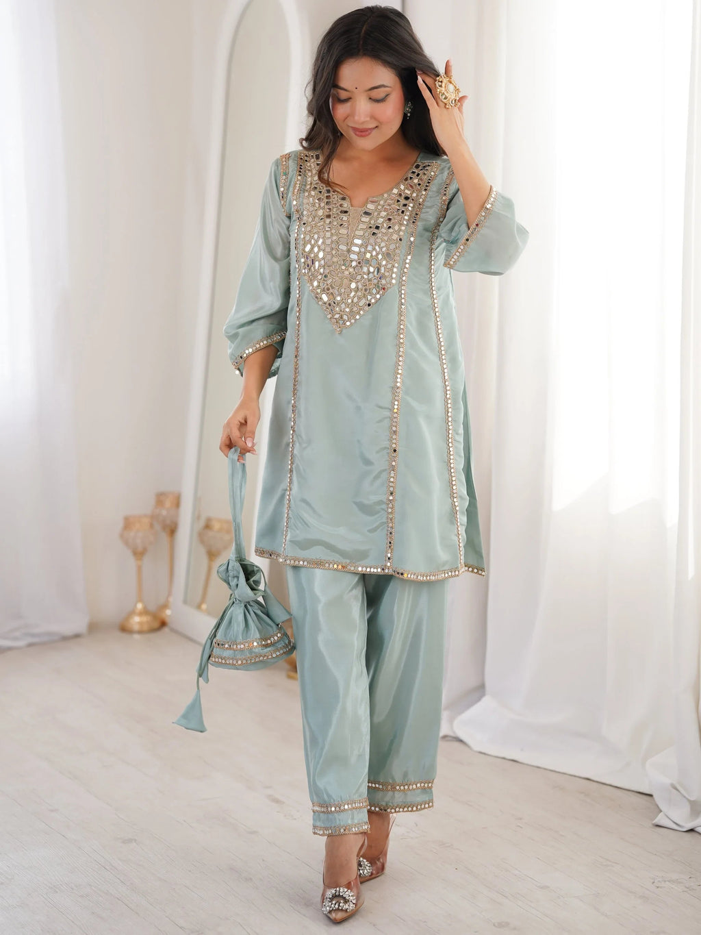 Sky Blue Stylish Mirror Work Silk Festive Wear Pant Suit
