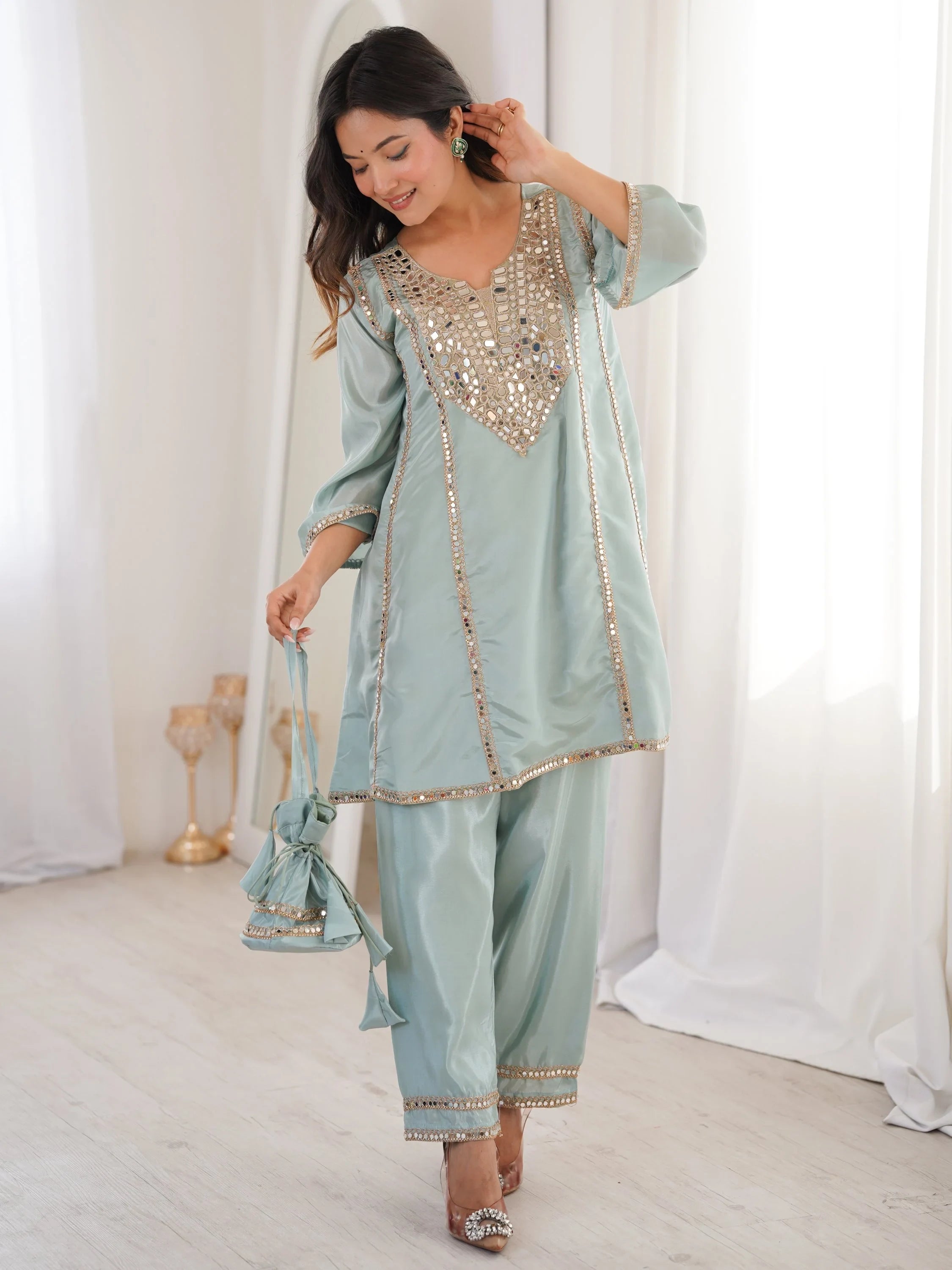 Sky Blue Stylish Mirror Work Silk Festive Wear Pant Suit
