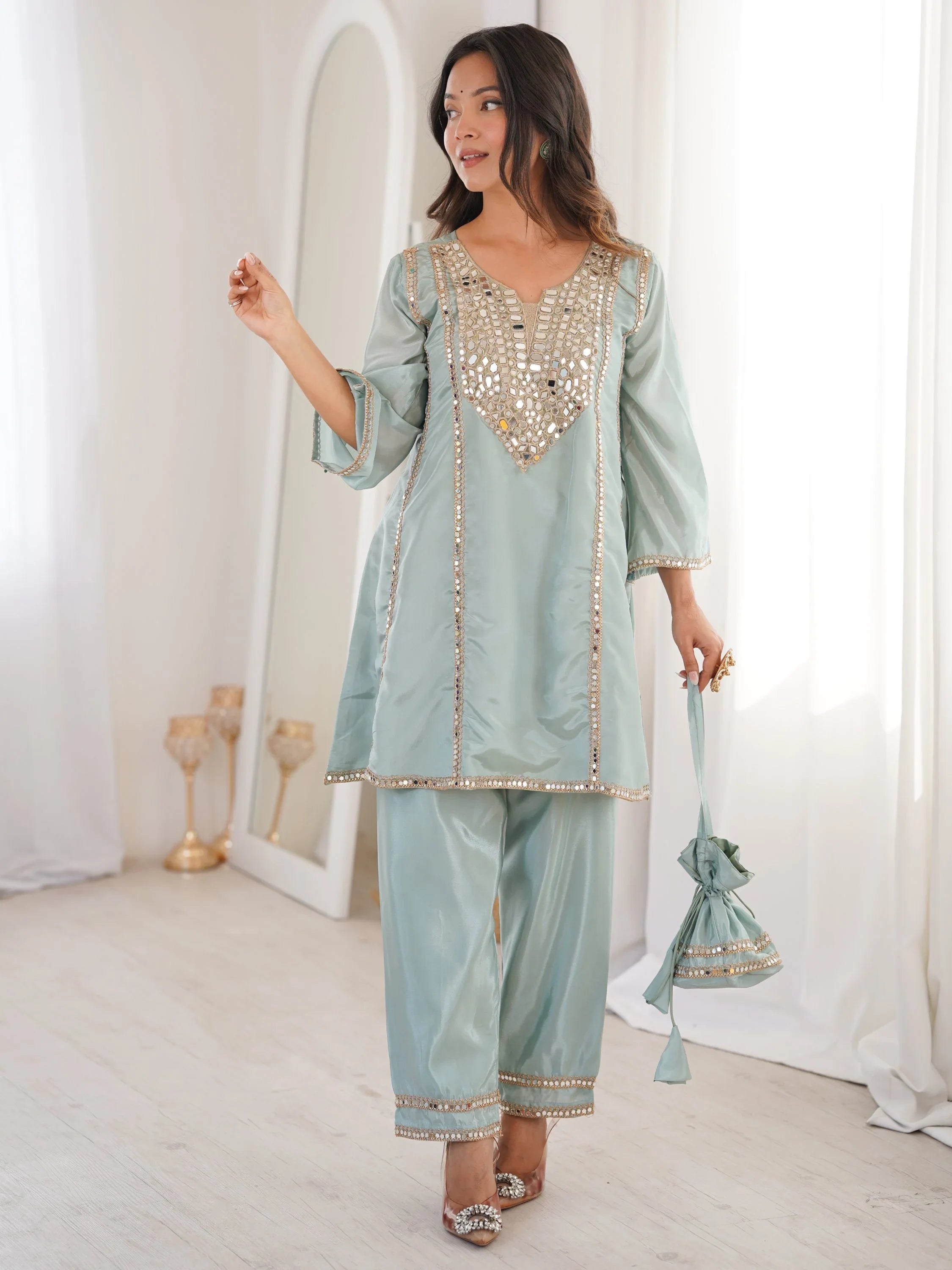 Sky Blue Stylish Mirror Work Silk Festive Wear Pant Suit