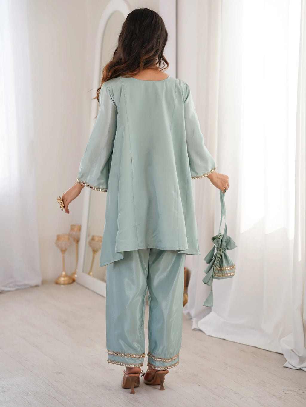 Sky Blue Stylish Mirror Work Silk Festive Wear Pant Suit