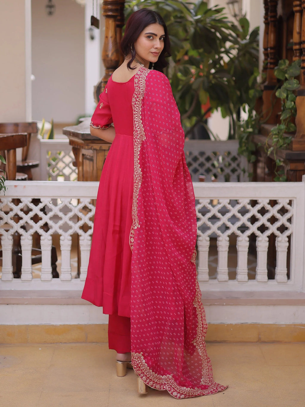 Pink Attractive Bead Work Chanderi Wedding Wear Anarkali Suit