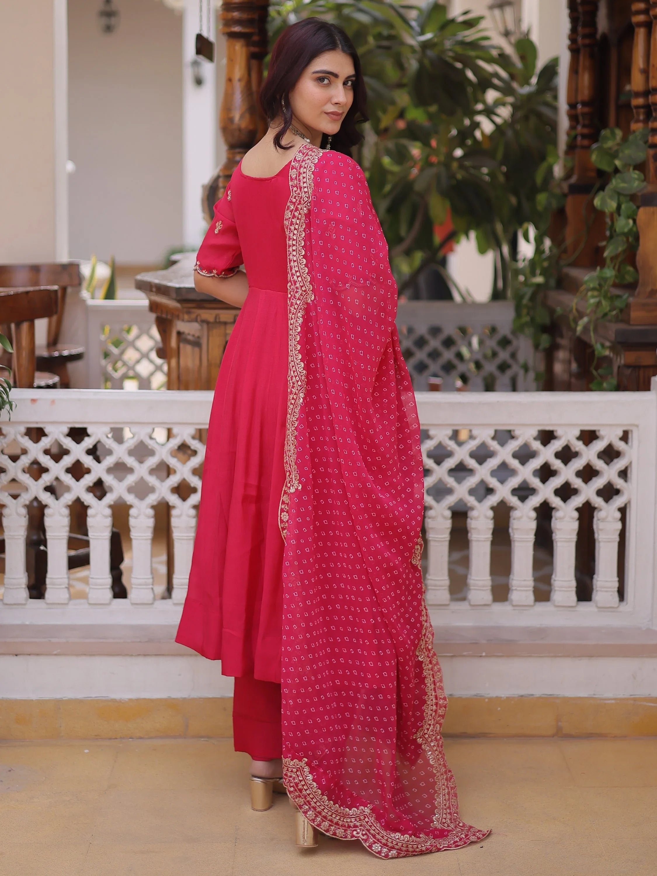 Pink Attractive Bead Work Chanderi Wedding Wear Anarkali Suit