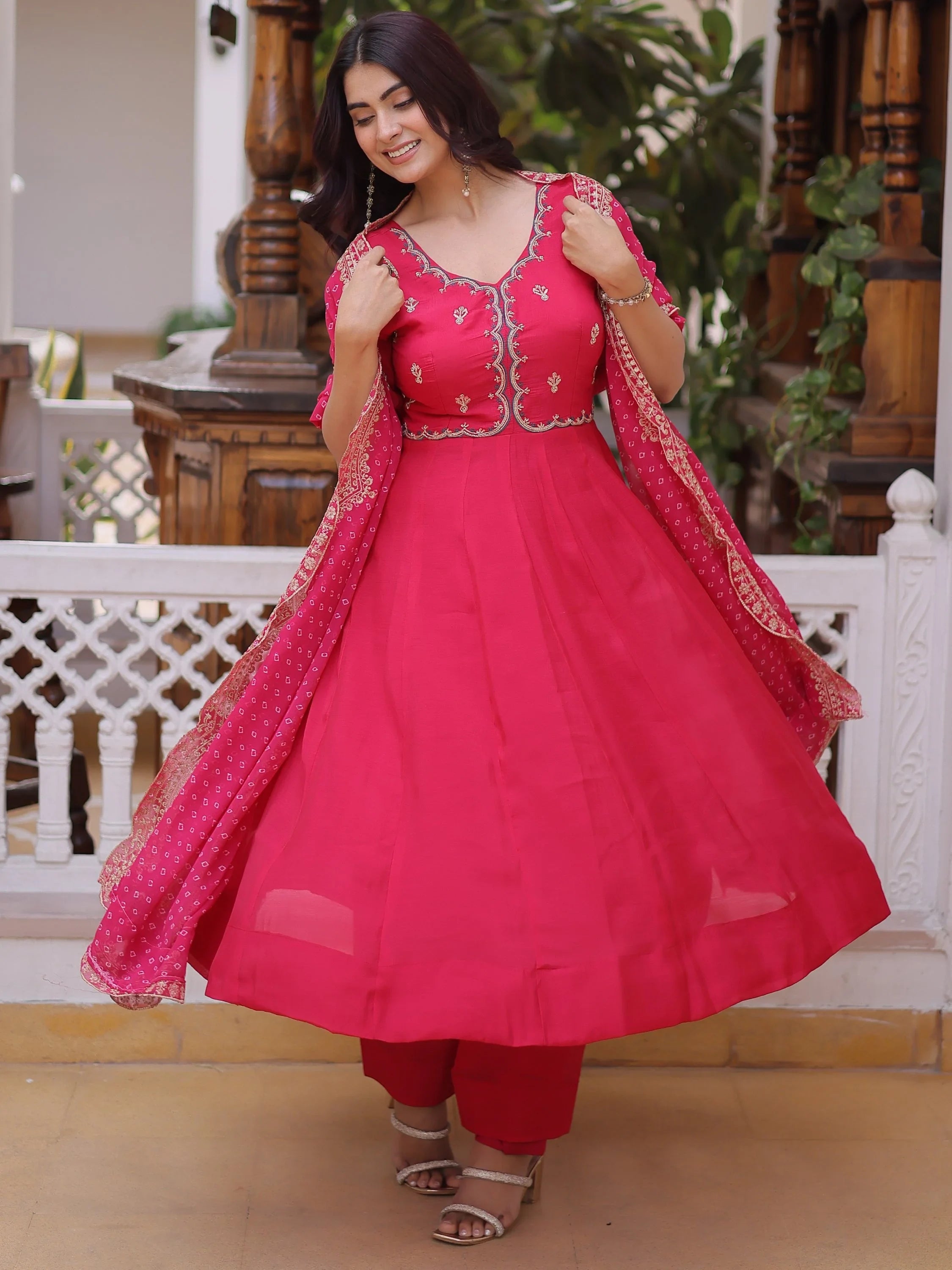 Pink Attractive Bead Work Chanderi Wedding Wear Anarkali Suit