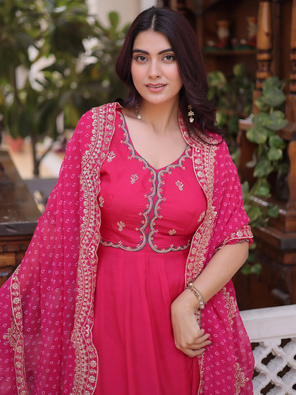 Pink Attractive Bead Work Chanderi Wedding Wear Anarkali Suit
