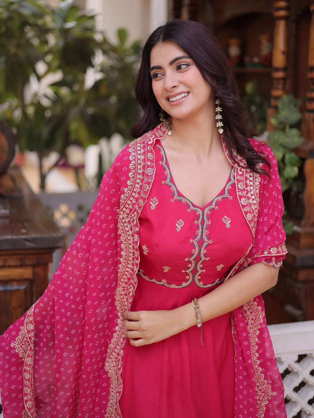 Pink Attractive Bead Work Chanderi Wedding Wear Anarkali Suit