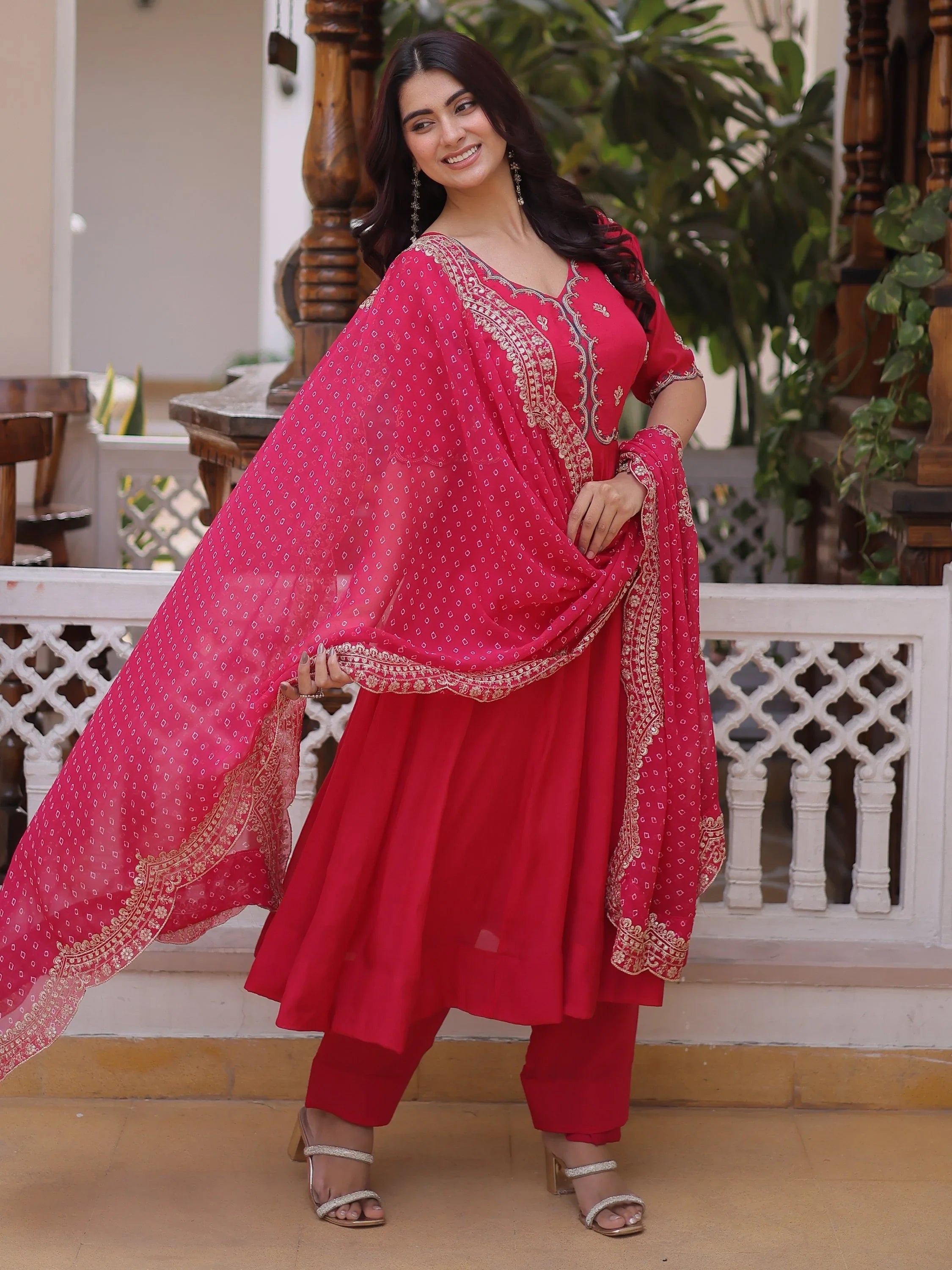 Pink Attractive Bead Work Chanderi Wedding Wear Anarkali Suit