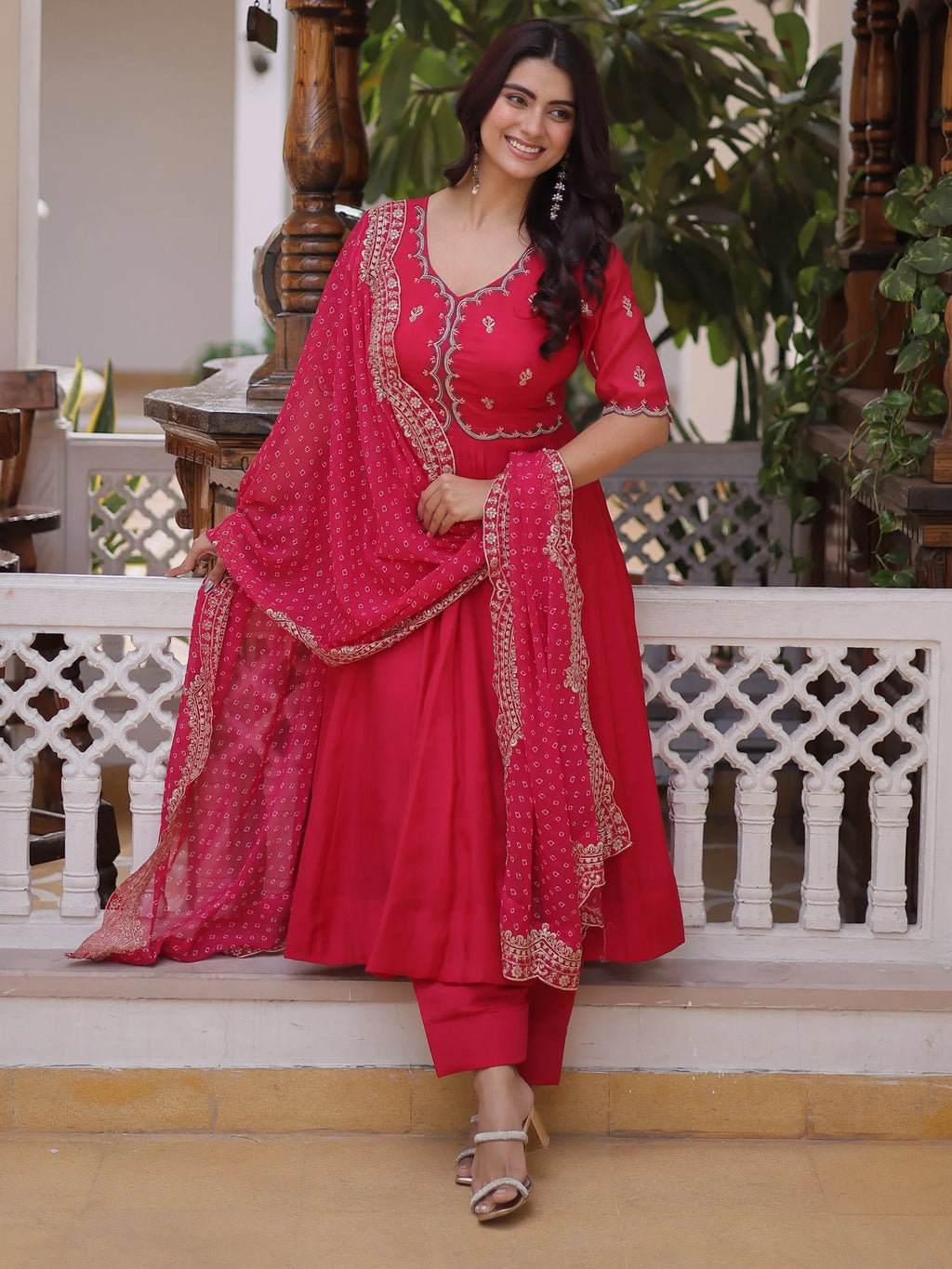 Pink Attractive Bead Work Chanderi Wedding Wear Anarkali Suit