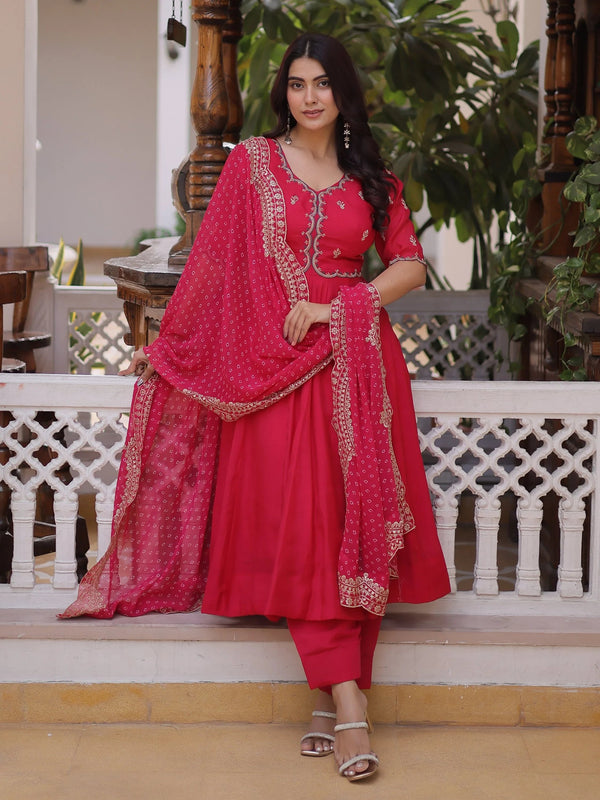 Pink Attractive Bead Work Chanderi Wedding Wear Anarkali Suit
