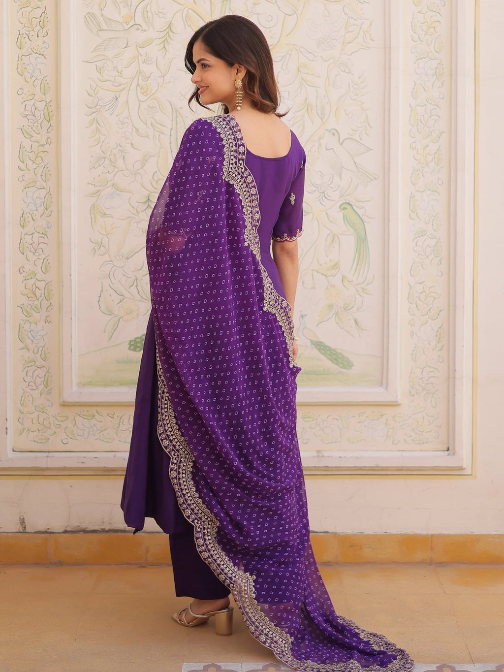 Purple Attractive Bead Work Chanderi Wedding Wear Anarkali Suit