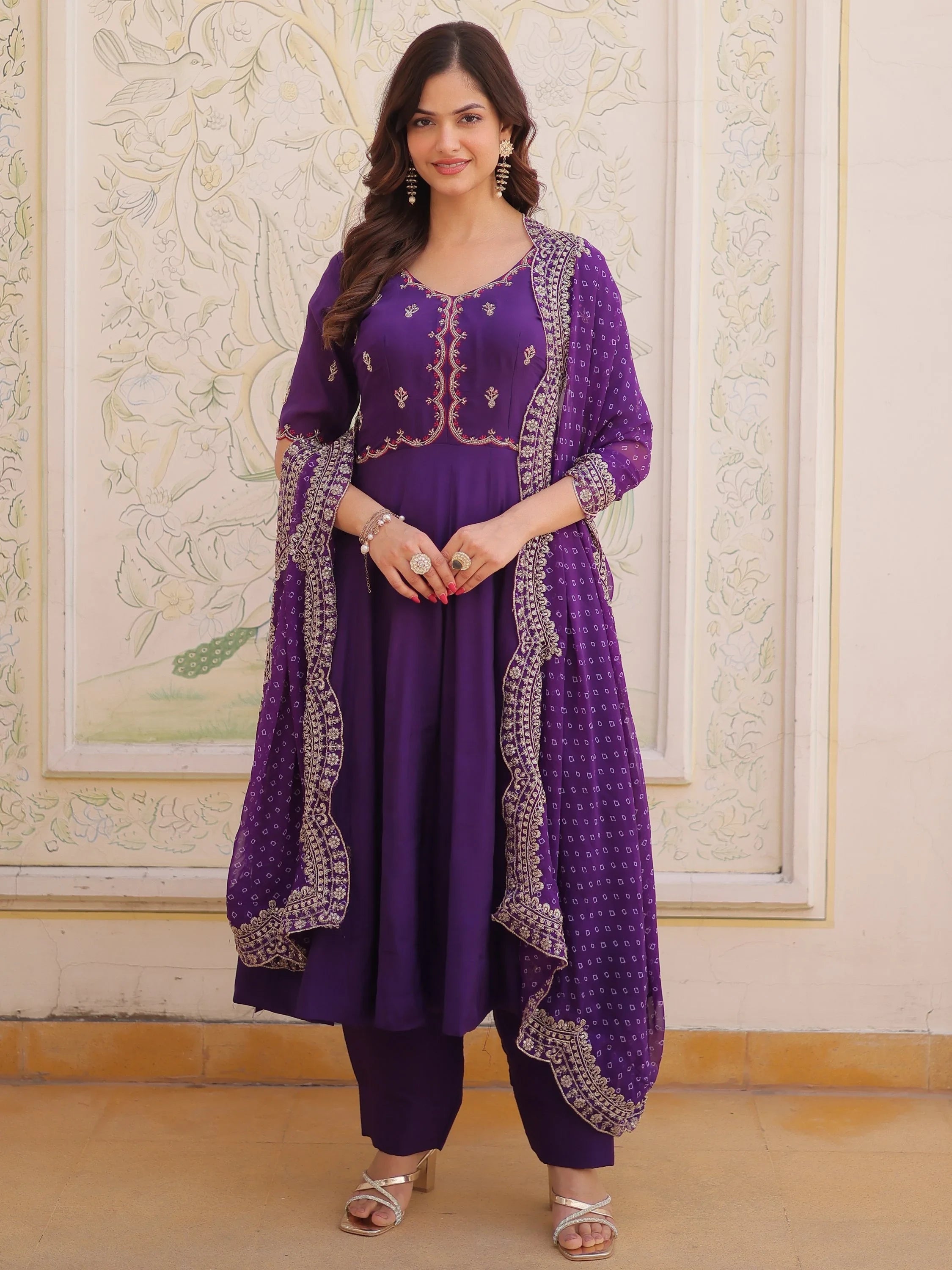 Purple Attractive Bead Work Chanderi Wedding Wear Anarkali Suit