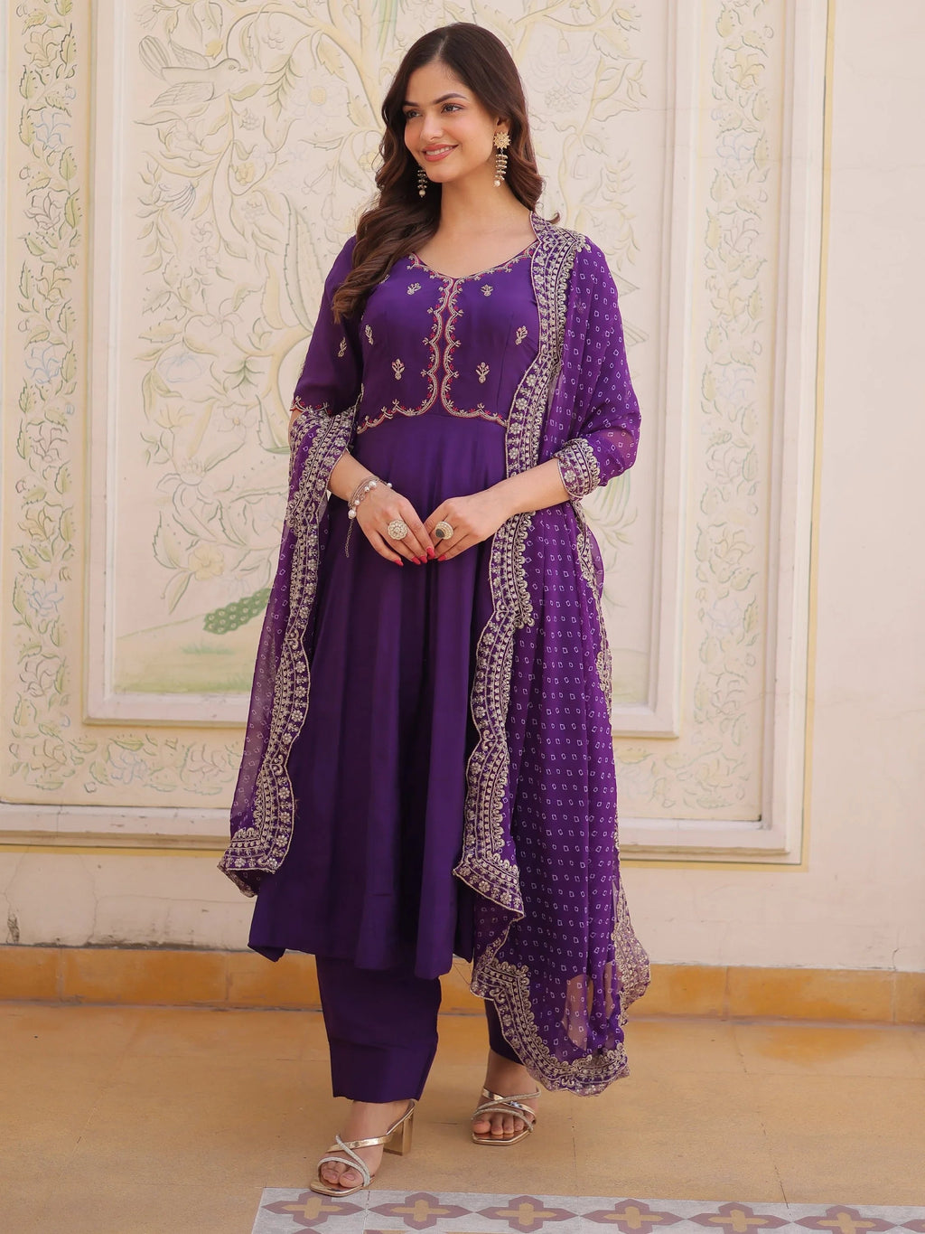 Purple Attractive Bead Work Chanderi Wedding Wear Anarkali Suit