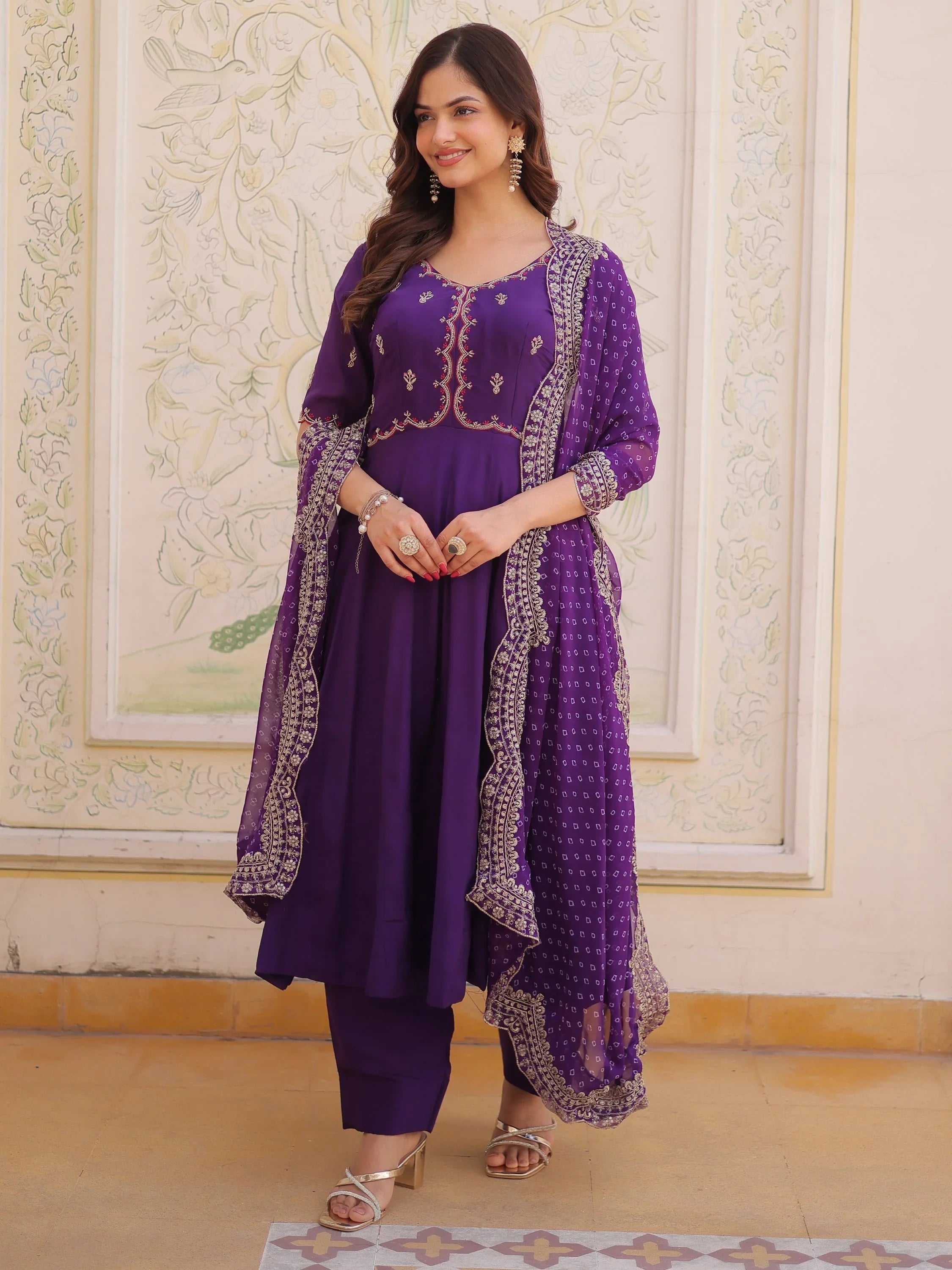 Purple Attractive Bead Work Chanderi Wedding Wear Anarkali Suit