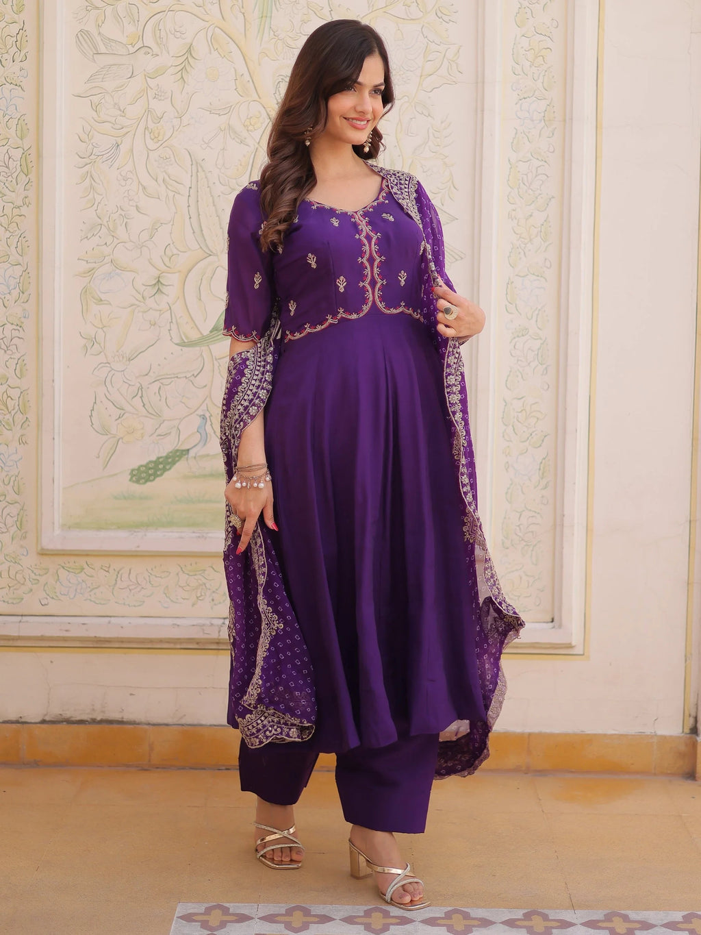 Purple Attractive Bead Work Chanderi Wedding Wear Anarkali Suit